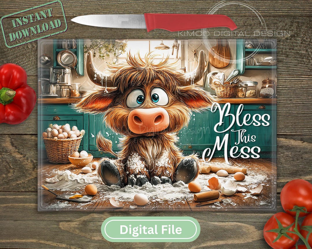 KimCo Designs Facebook ad: Highland Cow Cutting Board PNG, Funny Farmhouse Kitchen…