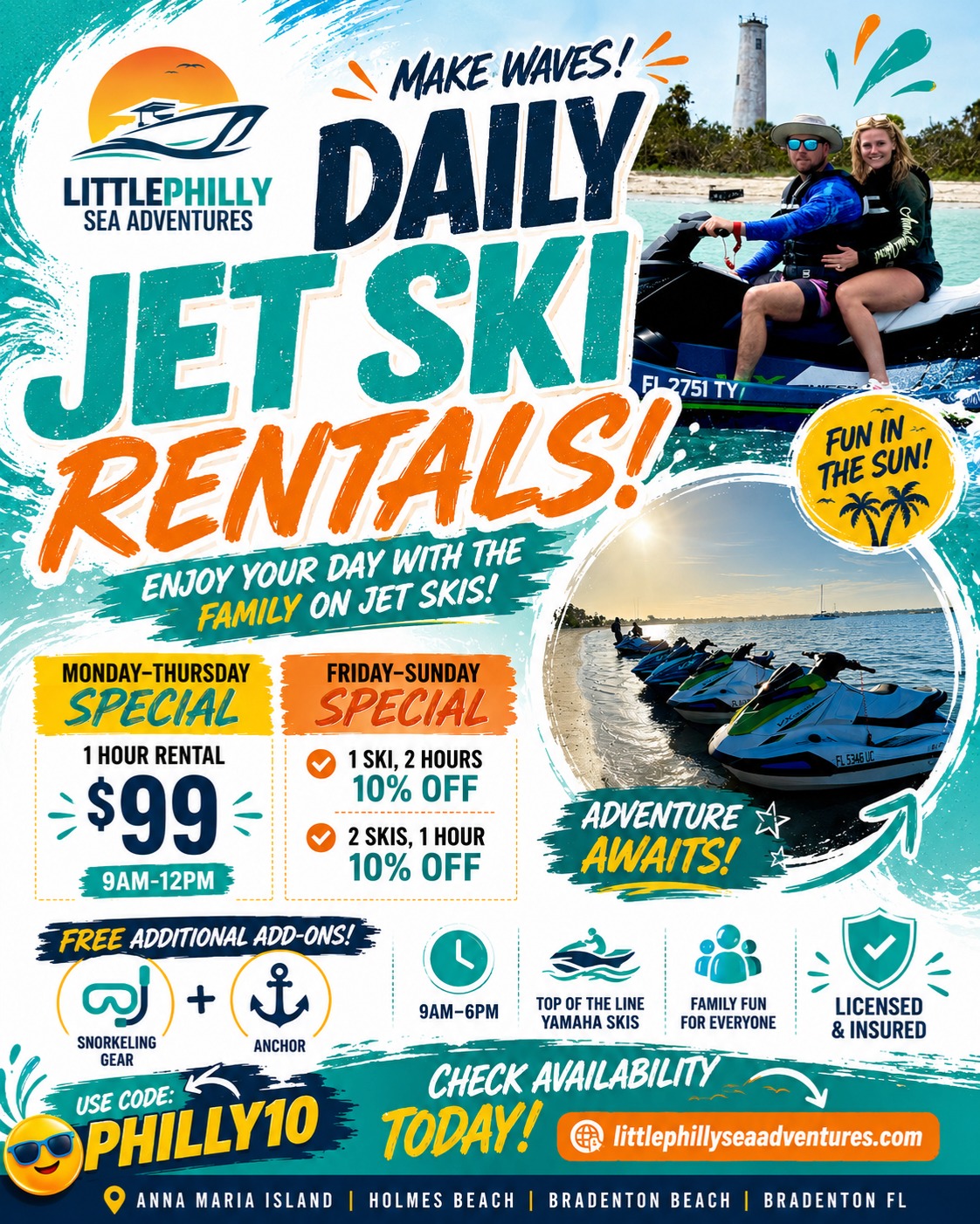 Little Philly Sea Adventures Facebook ad: Daily Jet Ski Rentals on Anna Maria Island!