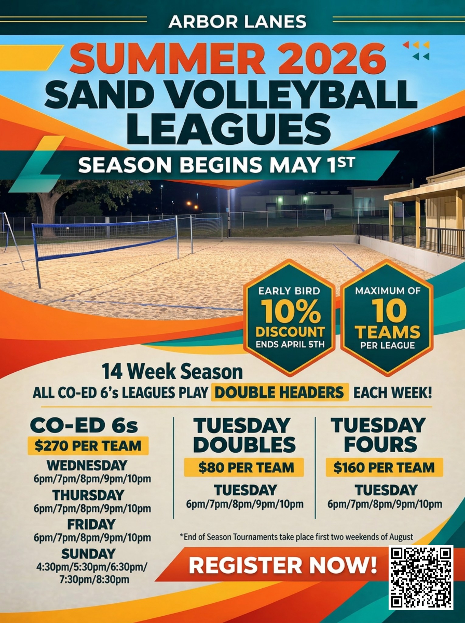 Sand Volleyball at Arbor Lanes Facebook ad: Sand Volleyball Leagues Summer 2026