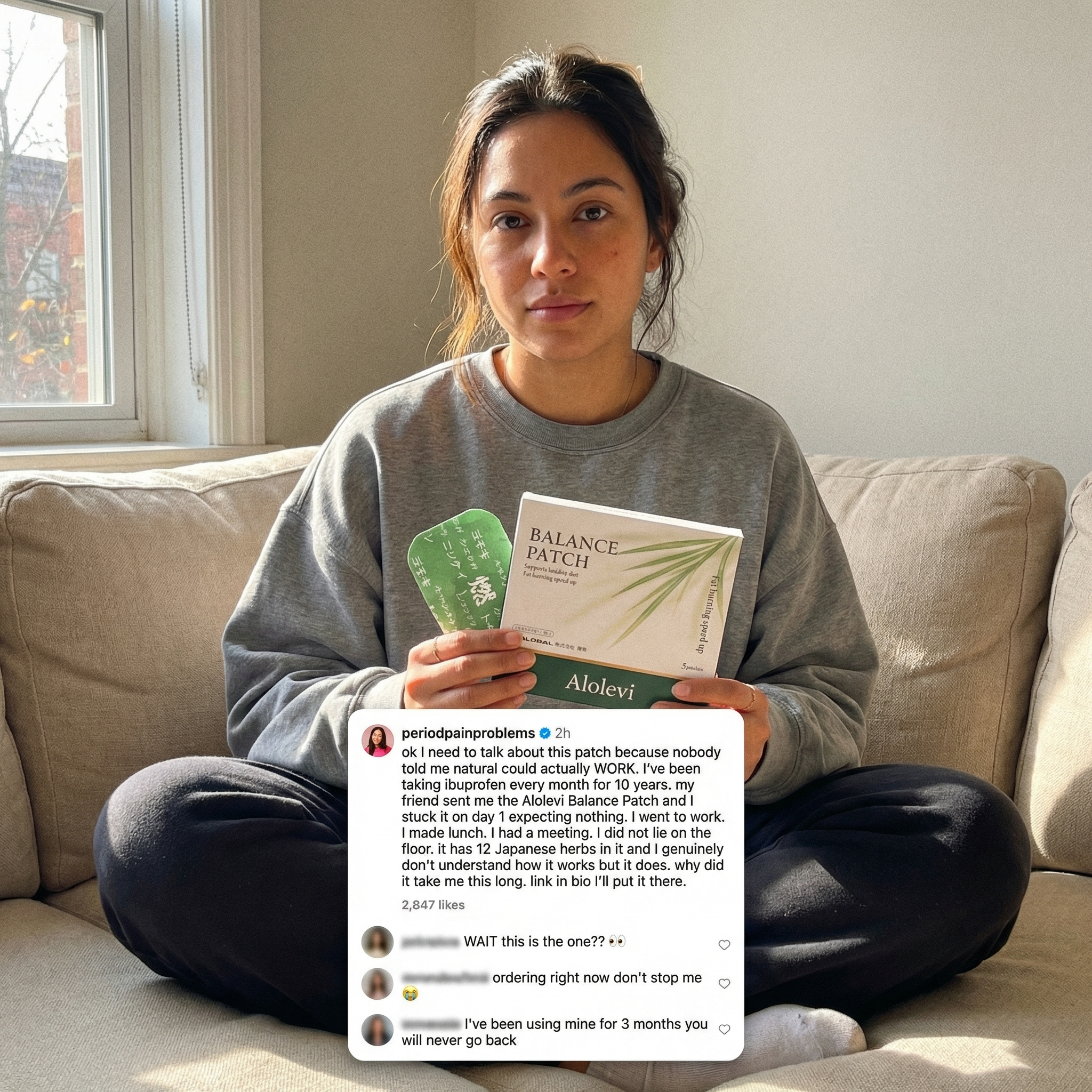 Alolevi Facebook ad: Drug-Free Period Relief, 12 Japanese Herbs, Up to 8 Hours