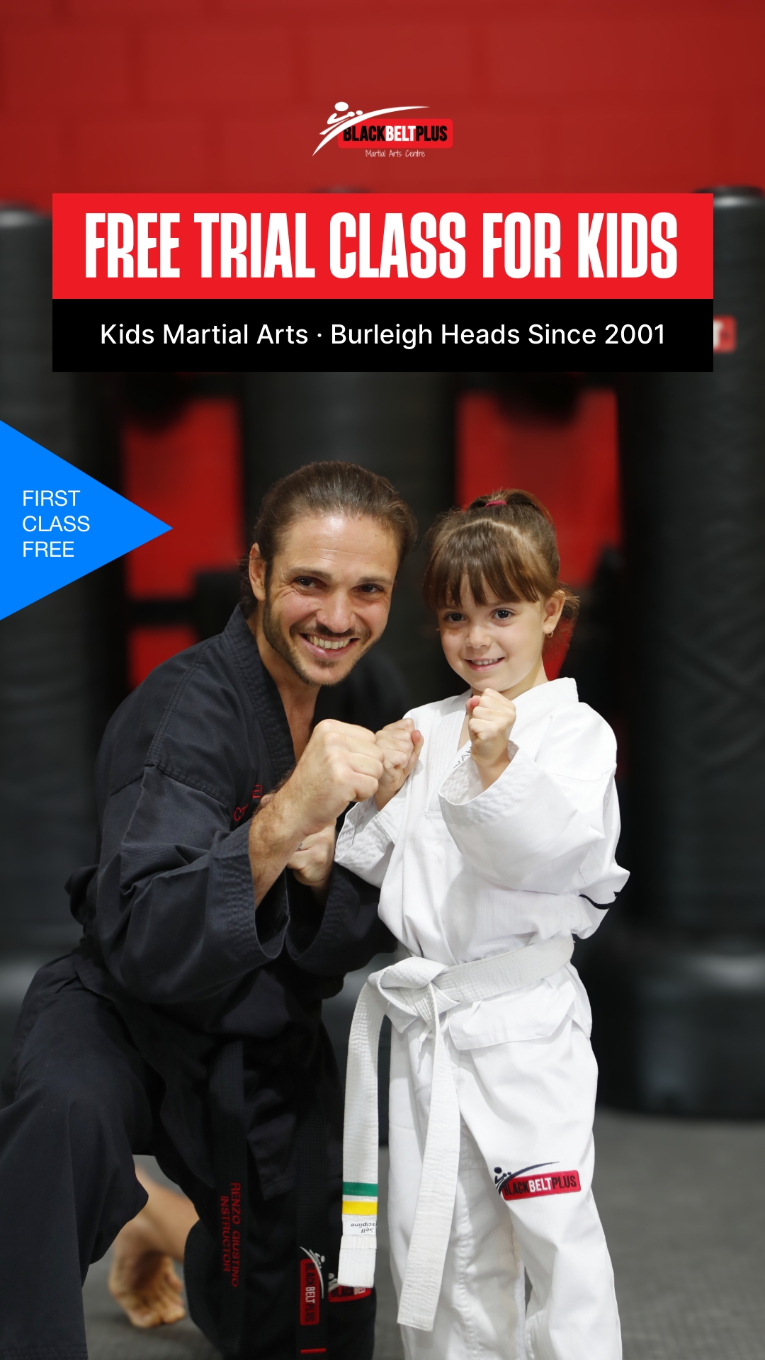 Black Belt Plus Martial Arts Centre Gold Coast Facebook ad: Free Trial Class for Kids 5-12
