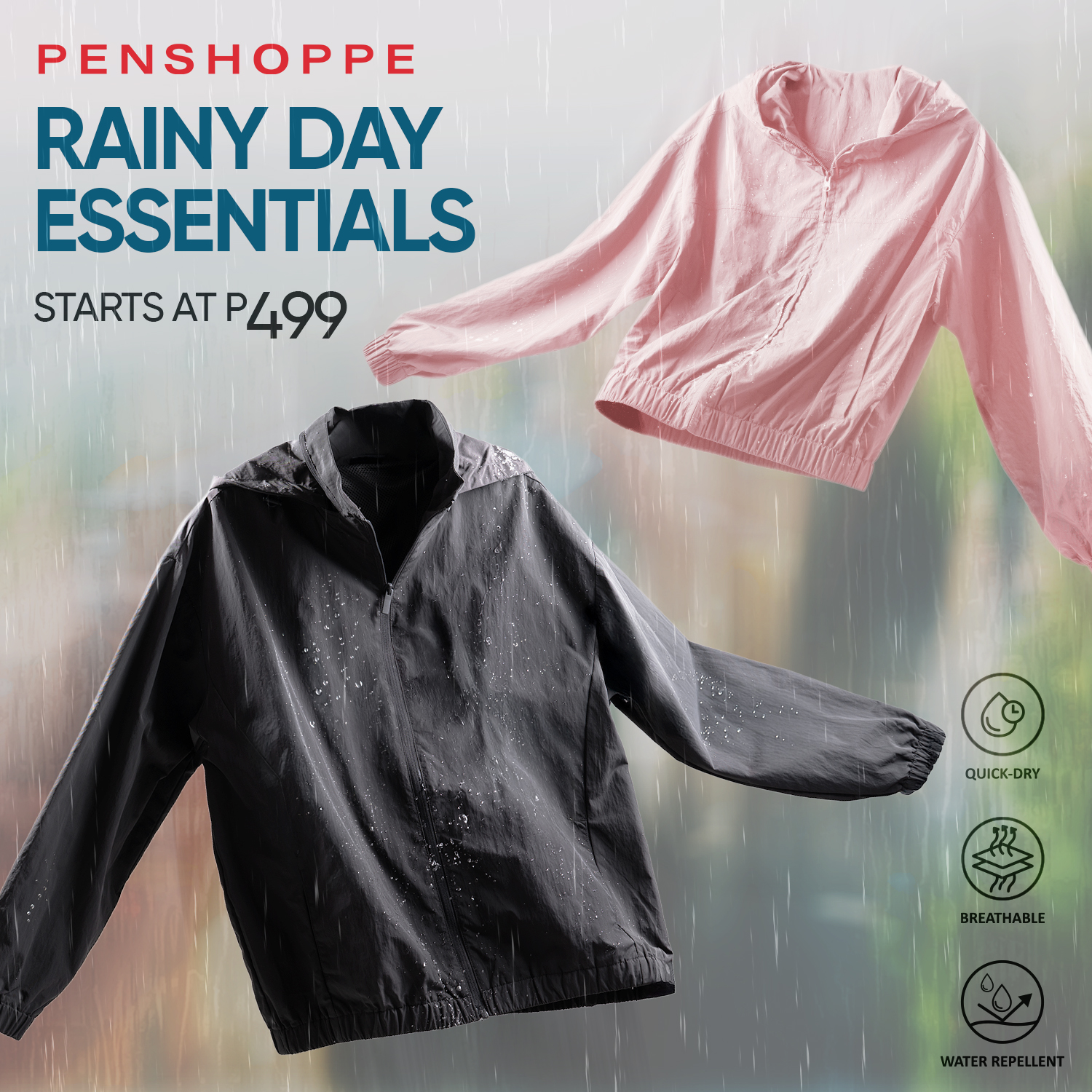 Penshoppe Facebook ad: Rainy Day Essentials | Starts at P499