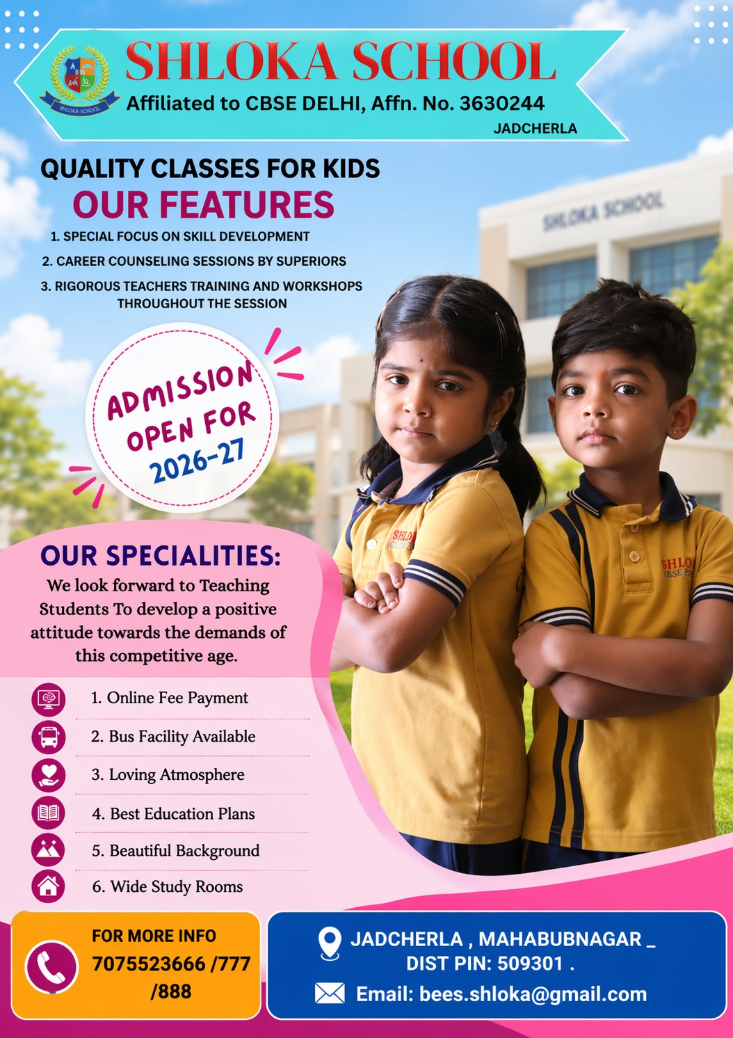 Shloka CBSE School, Jadcherla Facebook ad: Admissions Open for Academic Year 2026-27. Give your child…