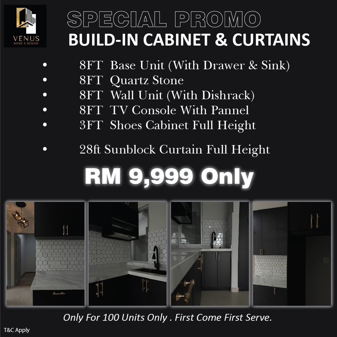 Venushome - Cabinet&Curtain Facebook ad: ONLY RM9,999! FULL CABINET & CURTAINS SET!