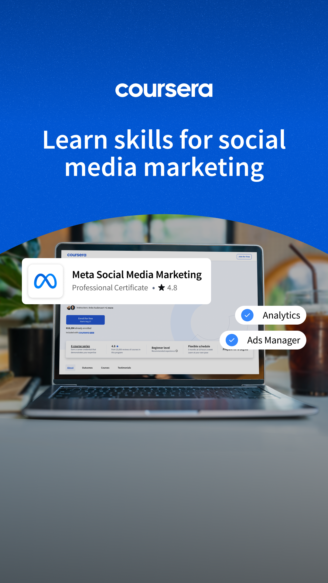 Coursera Facebook ad: Build Marketing Skills That Convert