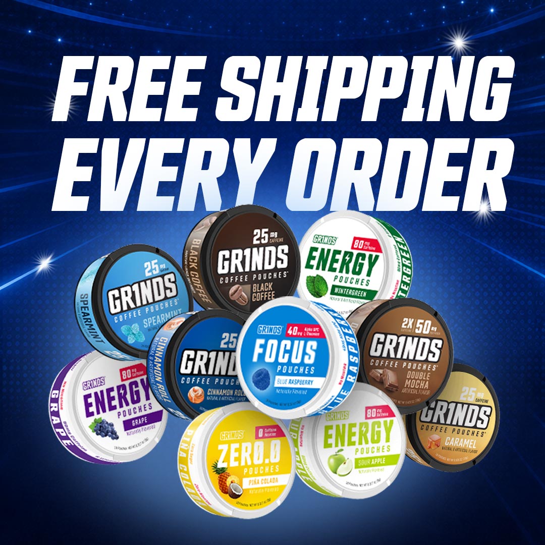 Grinds Pouches Facebook ad: Flavor & Energy. Anytime. Anywhere
