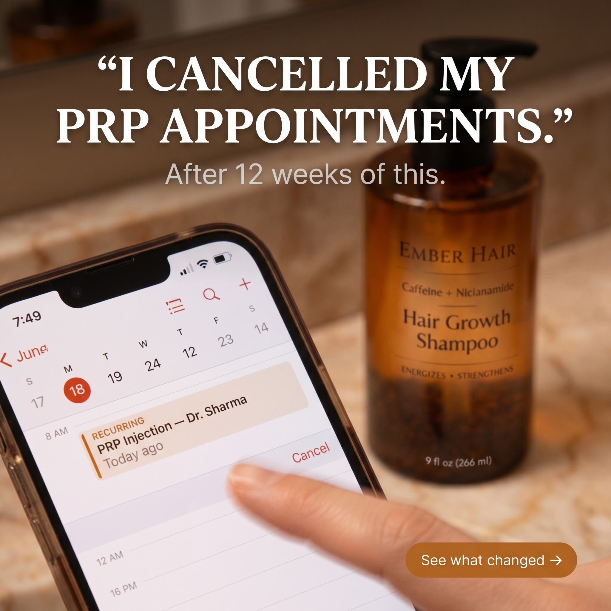 Ember Hair Co. Facebook ad: PRP costs $3,500 a year. Your shower costs a lot less.