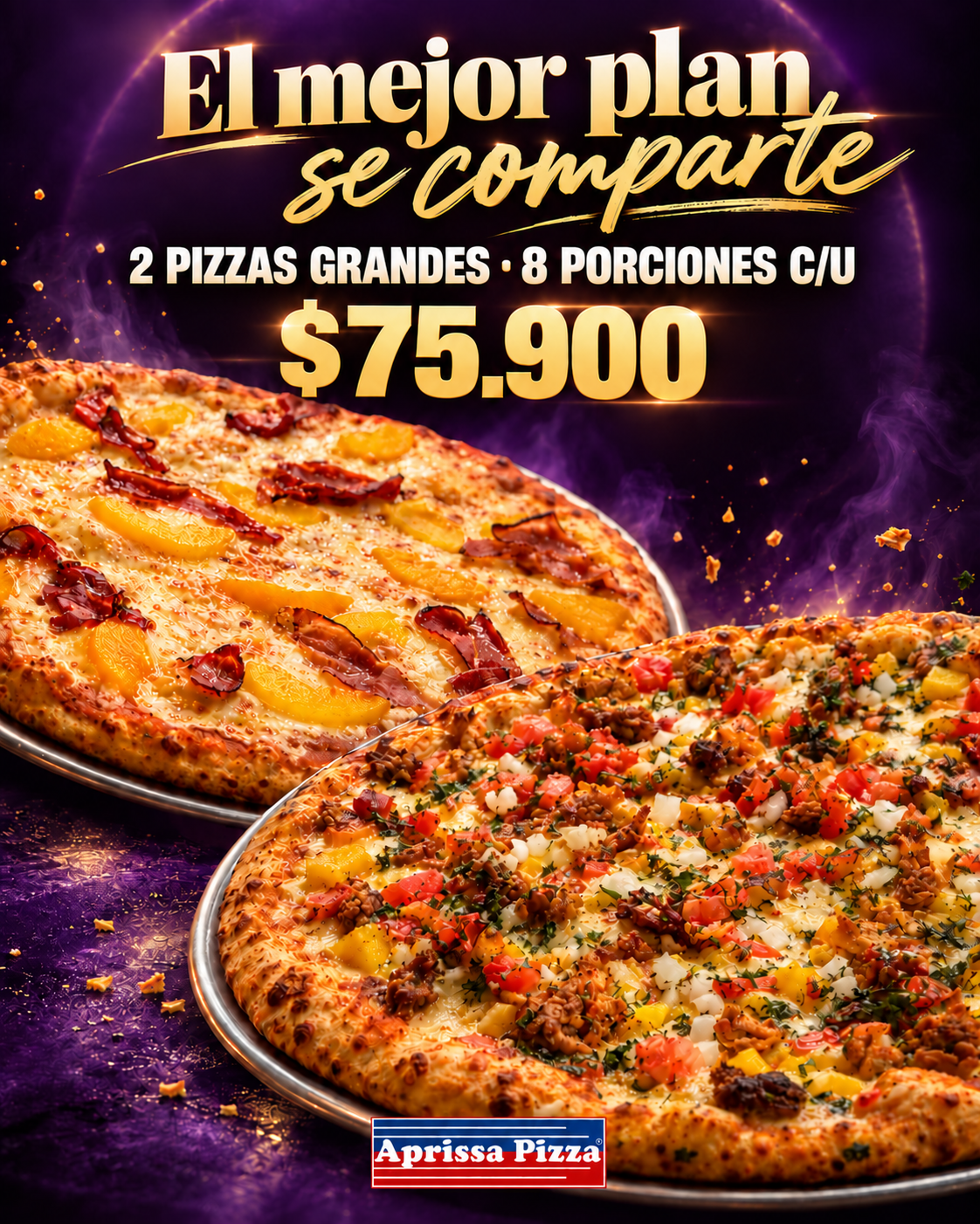 AprissaPizza Facebook ad: Calidad para compartir: 2 grandes por $75.900