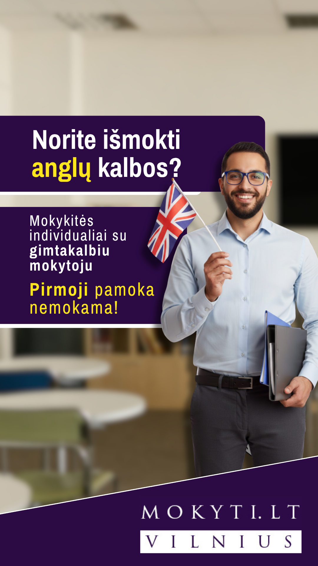 Mokyti.lt Facebook ad: Registruokitės pirmai NEMOKAMAI pamokai