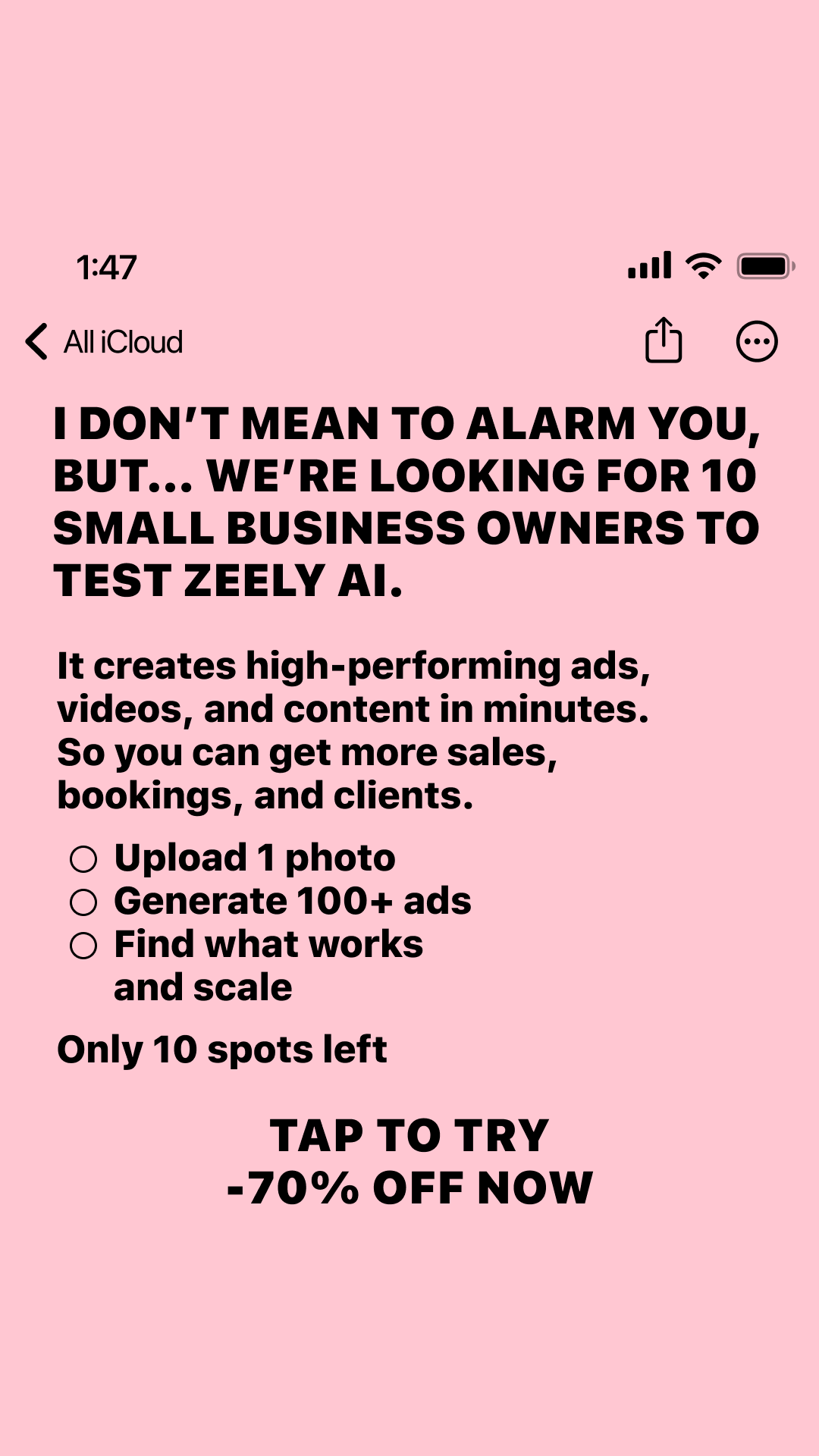 Ashley Carter Facebook ad: Create top-selling ads with AI. Unlock 70% off