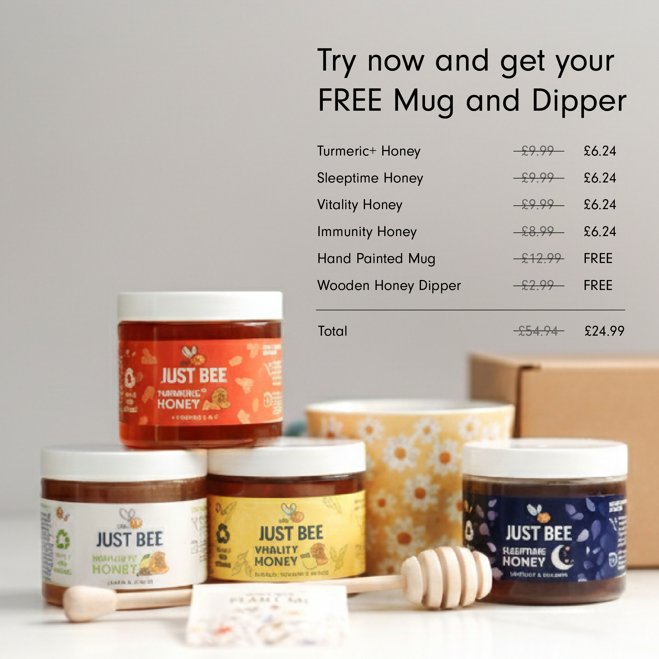 Just Bee Honey Facebook ad: Free Mug & Dipper