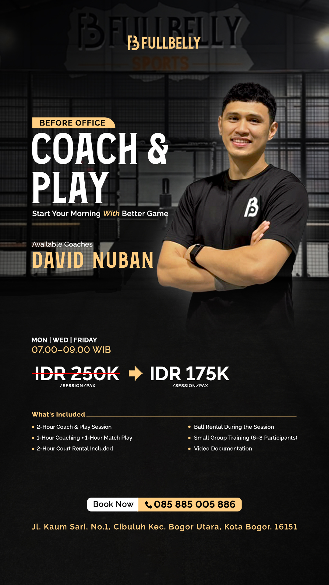 FullBelly Sports Facebook ad: PROMO 175K! Main Padel Pagi Sebelum Ngantor