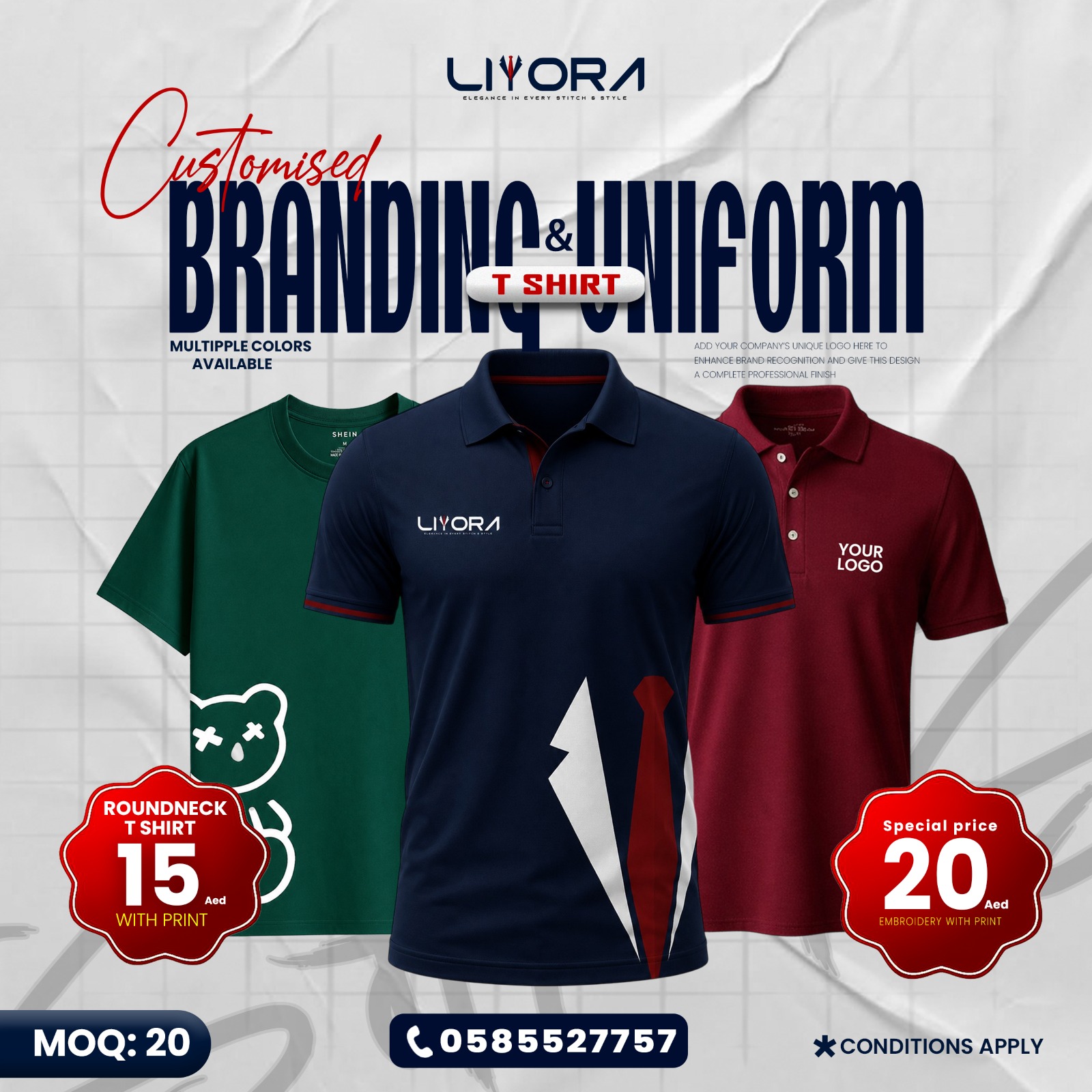 Liyora Facebook ad: **Customised Branding & Uniforms **