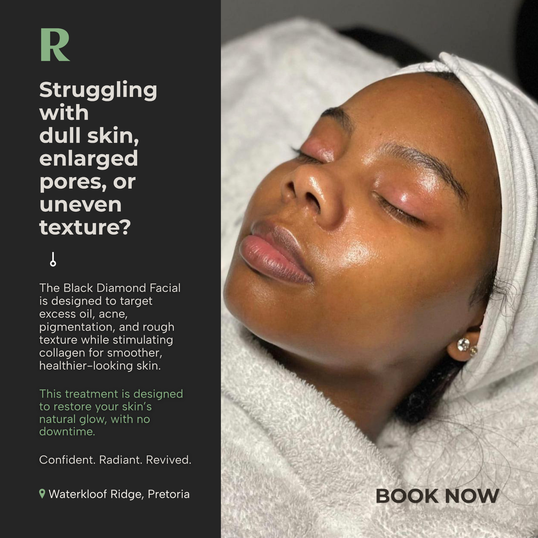 Revive Aesthetic Spa Facebook ad: The Black Diamond Facial. One Session. Real Results.