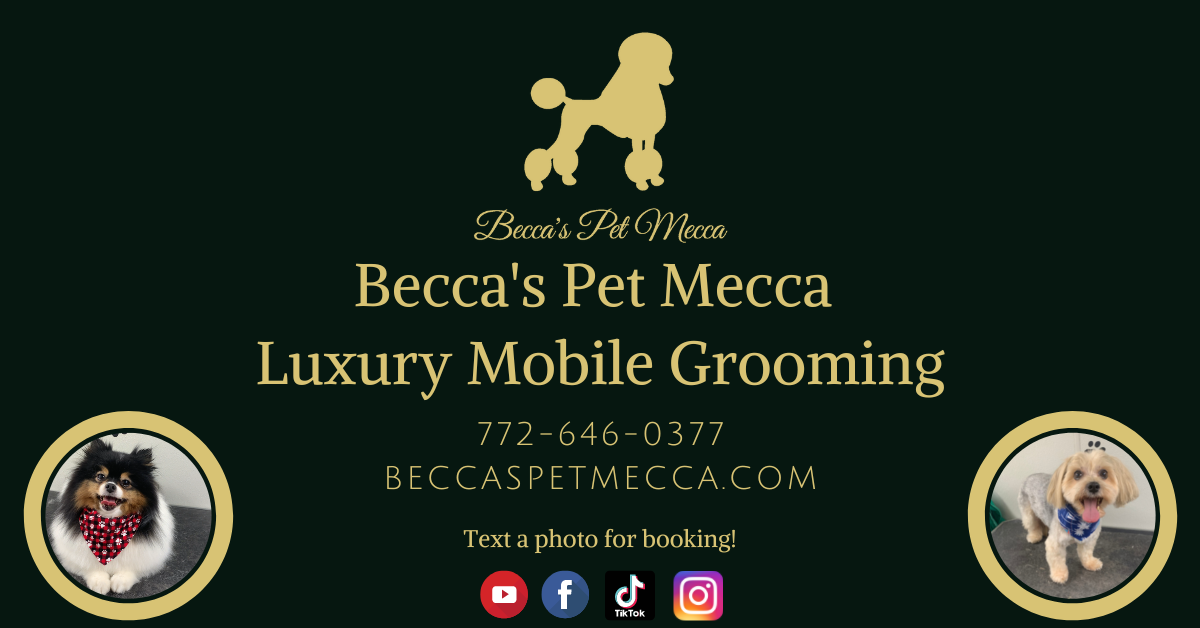 Becca's Pet Mecca Luxury Mobile Pet Grooming Facebook ad: Text a photo for availability.