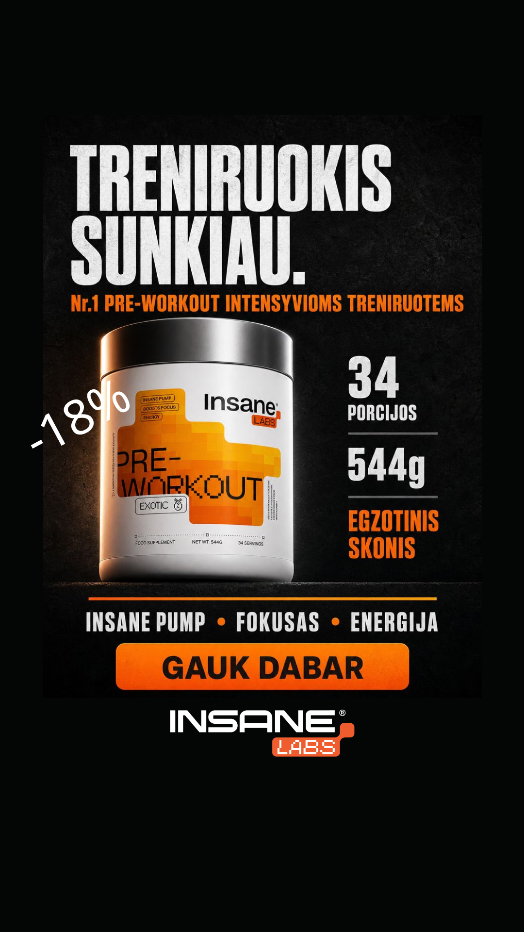 Insanefits Facebook ad: Gauk šiandien pre-workout su -18%