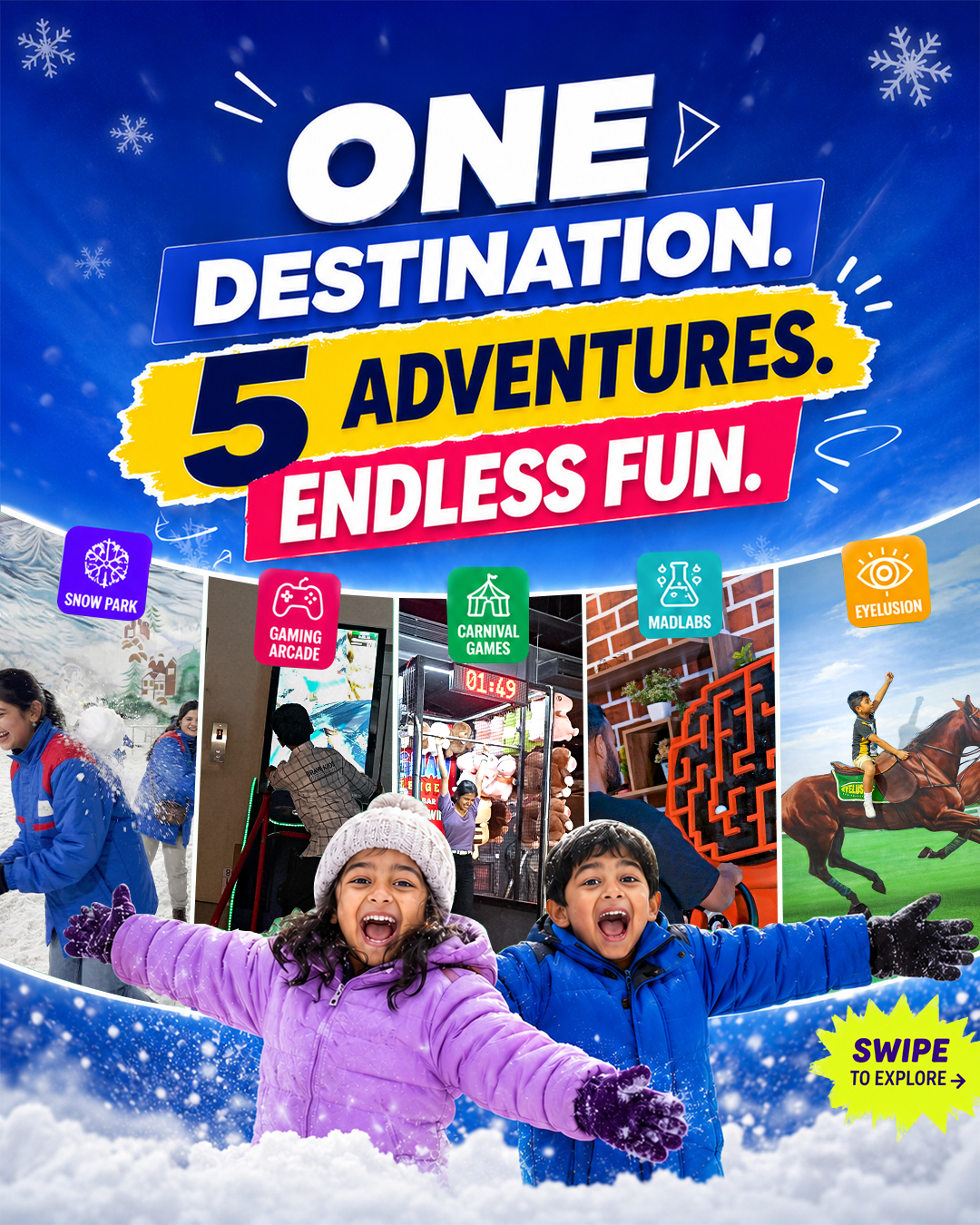 Snowcityblr Facebook ad: Real snow, gaming arcade, carnival games and illusions…