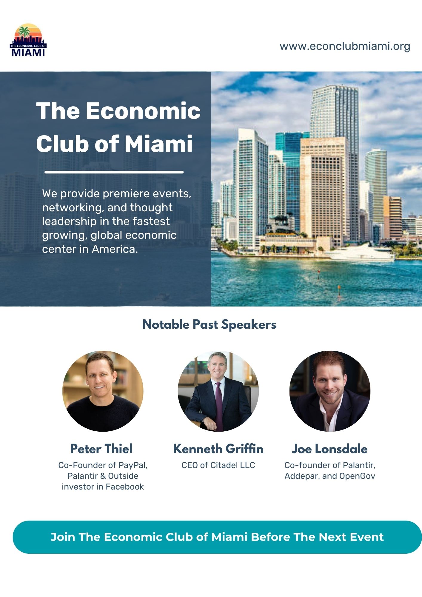 The Economic Club of Miami Facebook ad: Join Miami’s Premier Business Network, Exclusive Access…