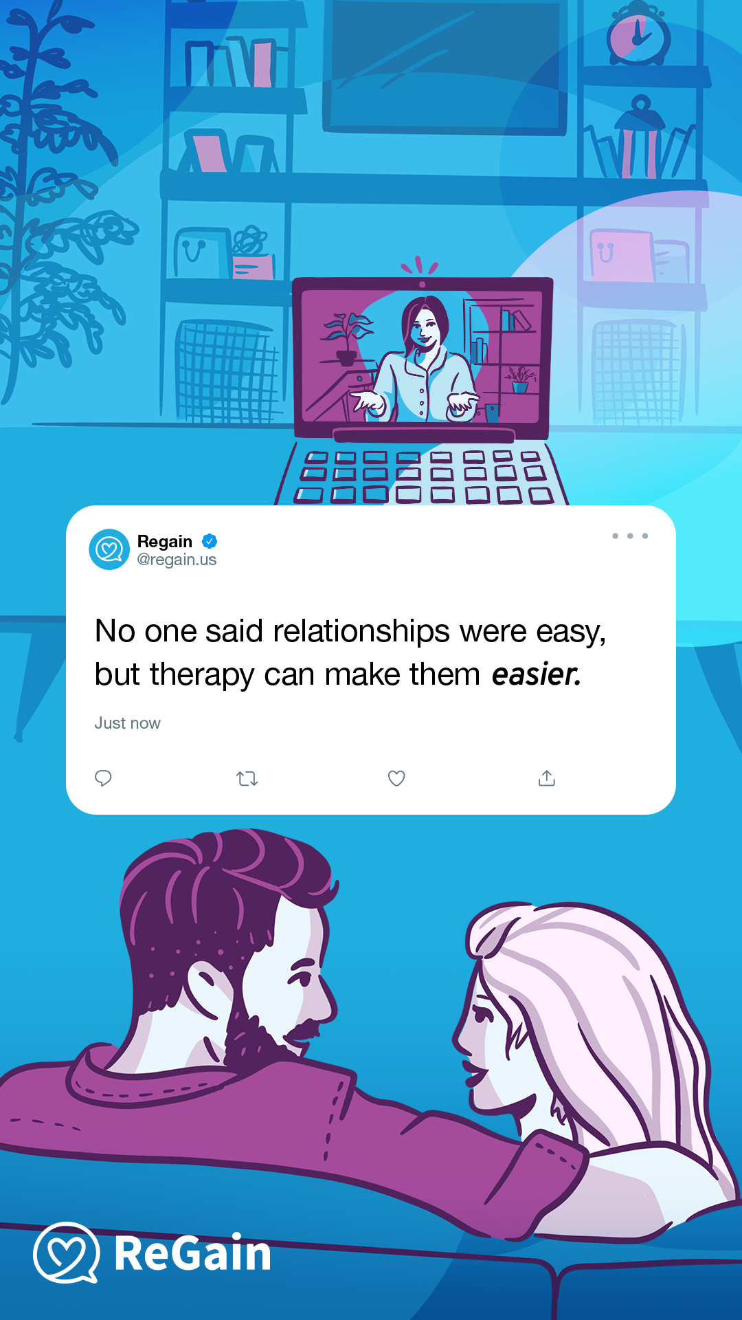 Regain: Relationship Counseling Facebook ad: Get started in therapy online.