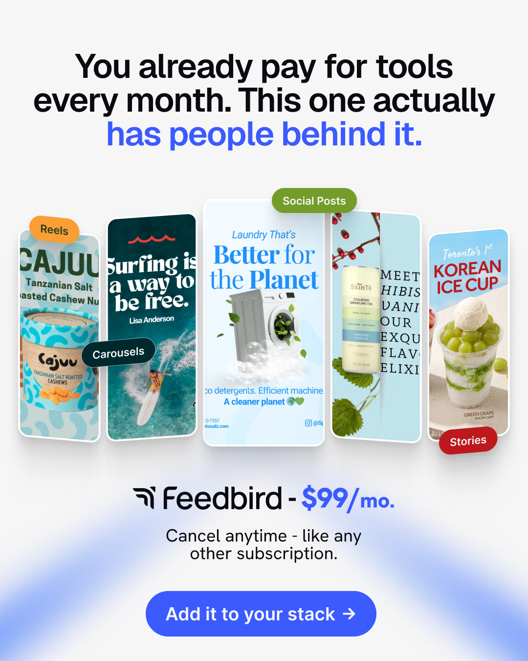 Feedbird Facebook ad: Social media, handled - $99/mo
