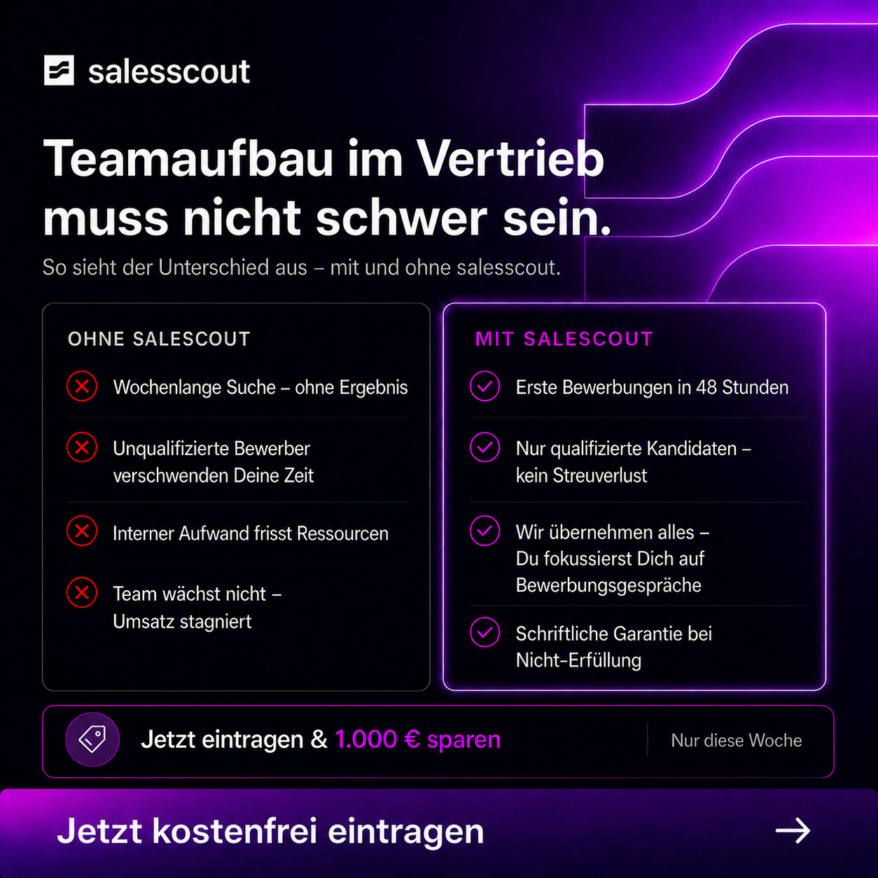 SalesScout Facebook ad: Jetzt eintragen und direkt 1000€ sparen!