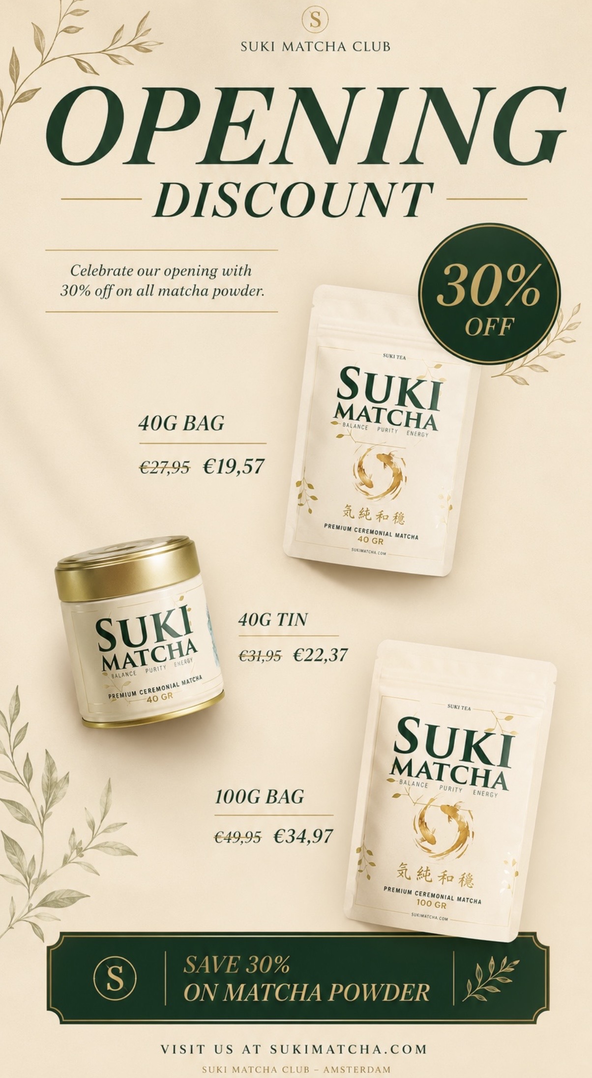 Suki Matcha Facebook ad: 30% korting op alle Matcha