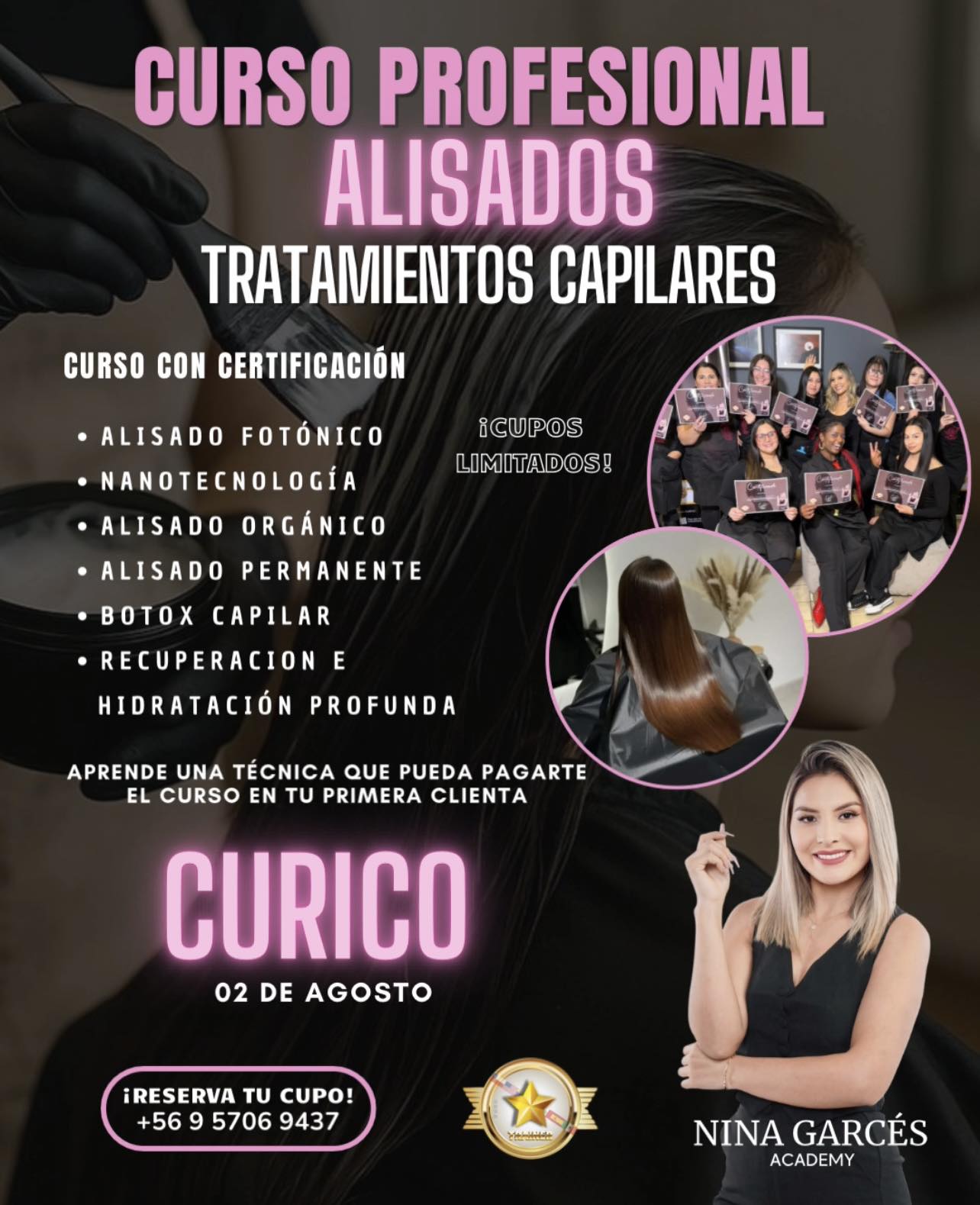 Nina Garcés Academy Facebook ad: CURICO CURSO DE ALISADOS Y TRATAMIENTOS CAPILARES