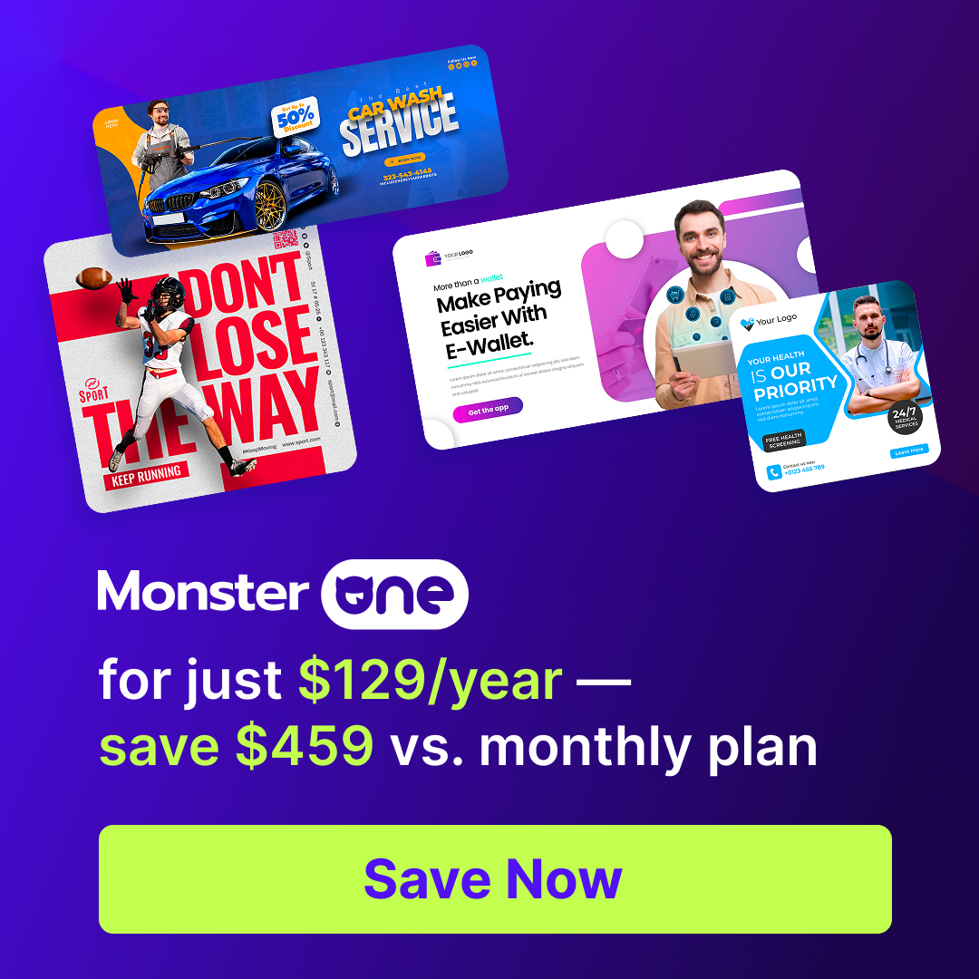 TemplateMonster.com Facebook ad: MonsterONE for just $129/year, save $459 vs. monthly plan