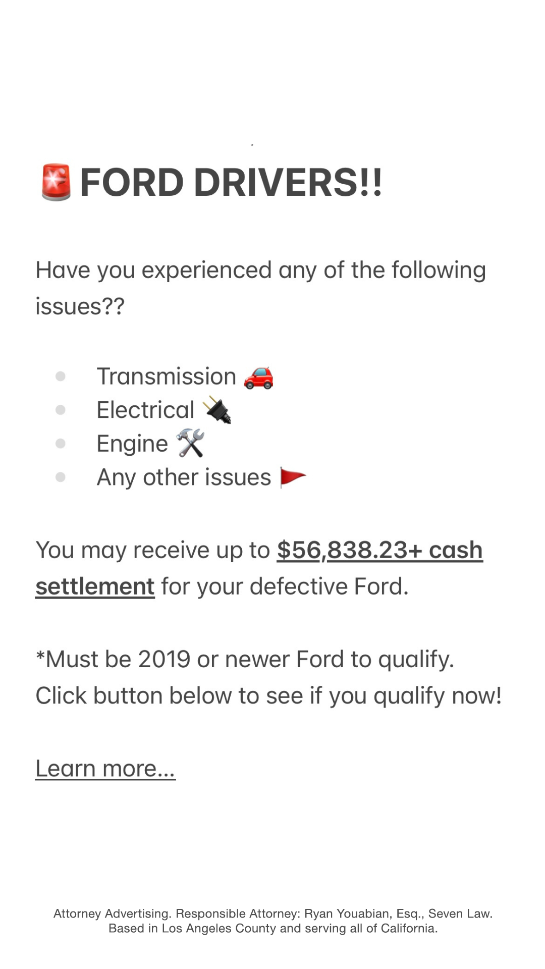 Seven Law Group, APC - Lemon Law Lawyers Facebook ad