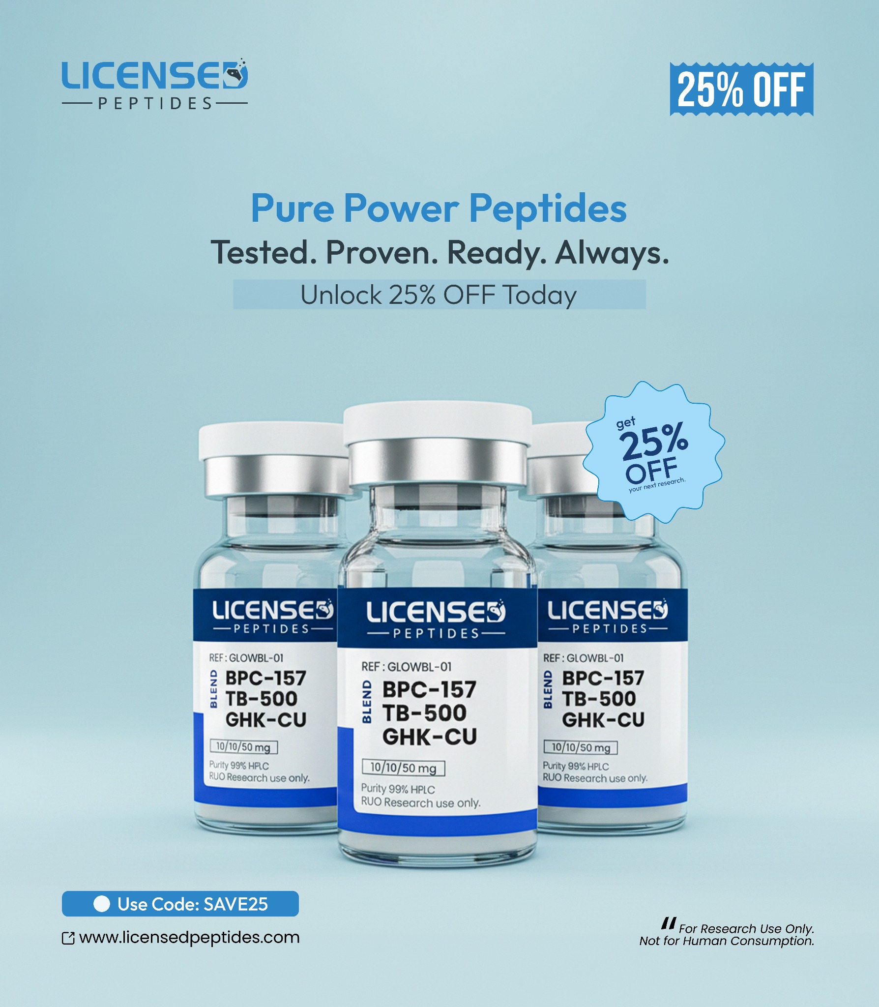 LicensedPeptides.com Facebook ad: Take 25% Off Today