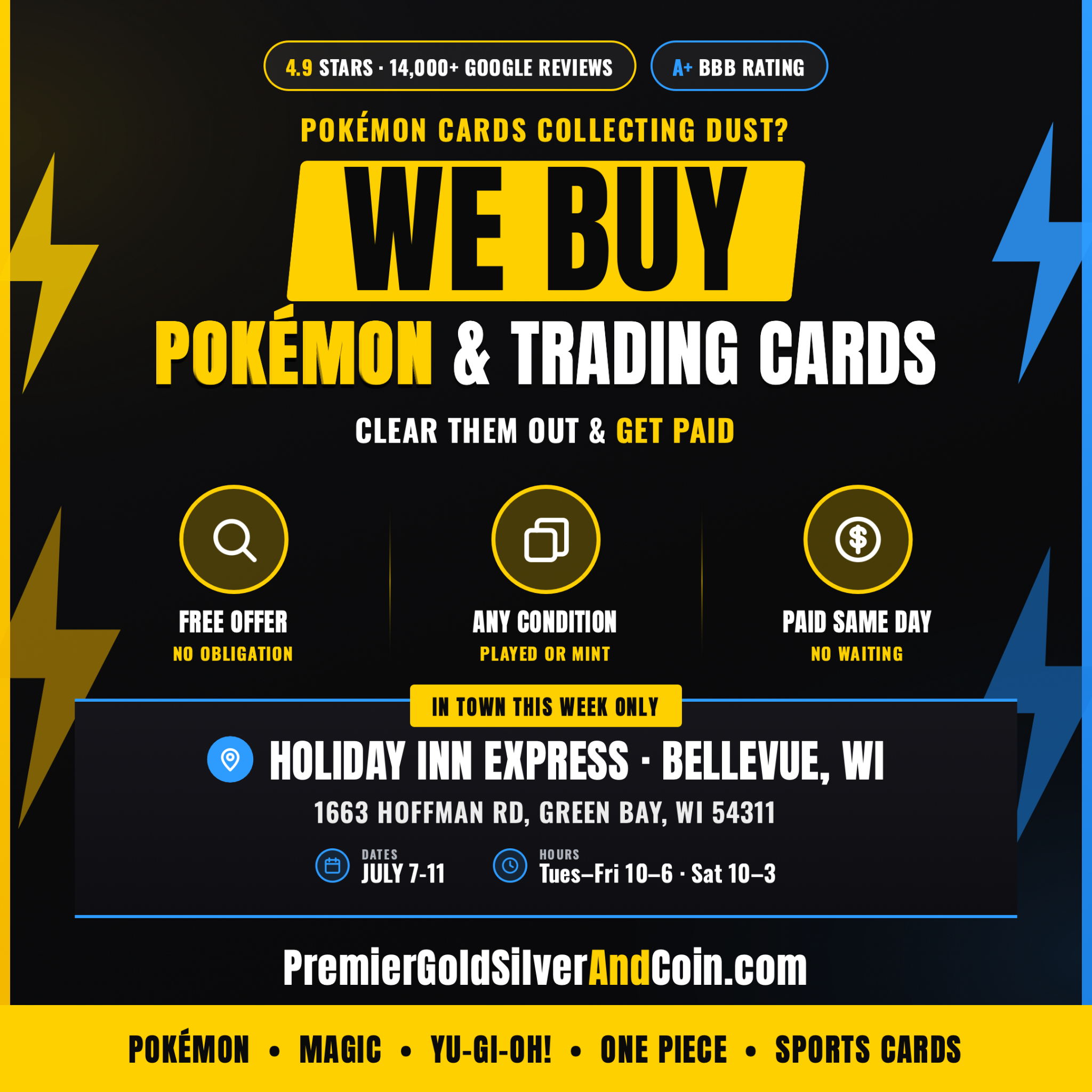 Premier Gold, Silver, and Coin Facebook ad: We Buy Trading Cards, Bellevue, WI