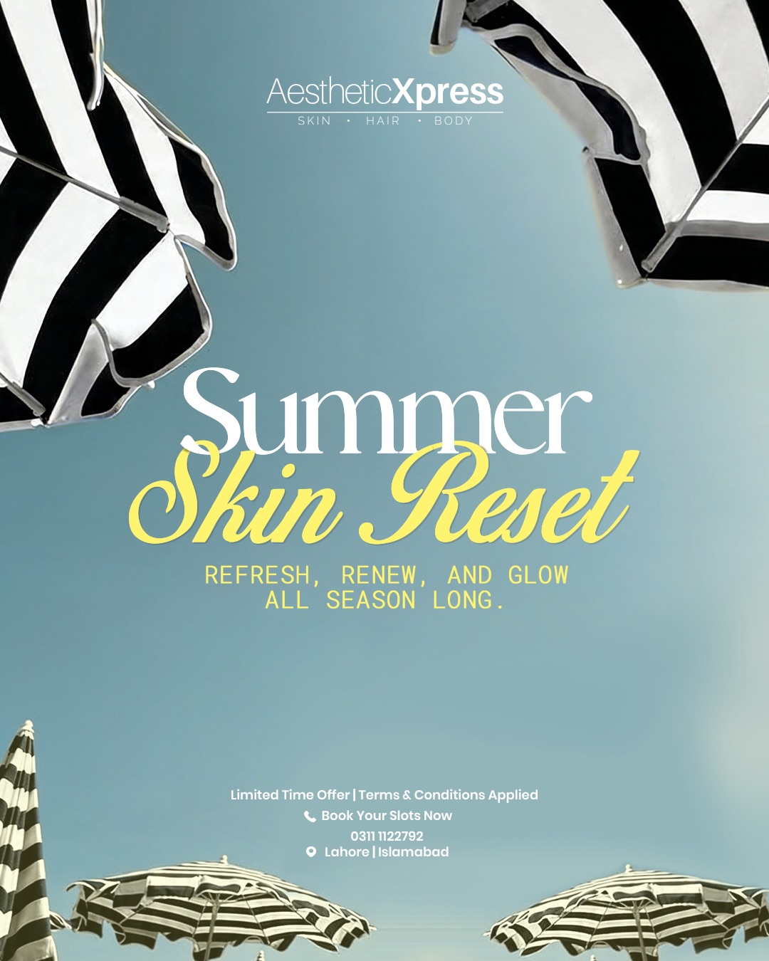 Aesthetic Xpress Facebook ad: Your skin called… it needs a Summer Reset