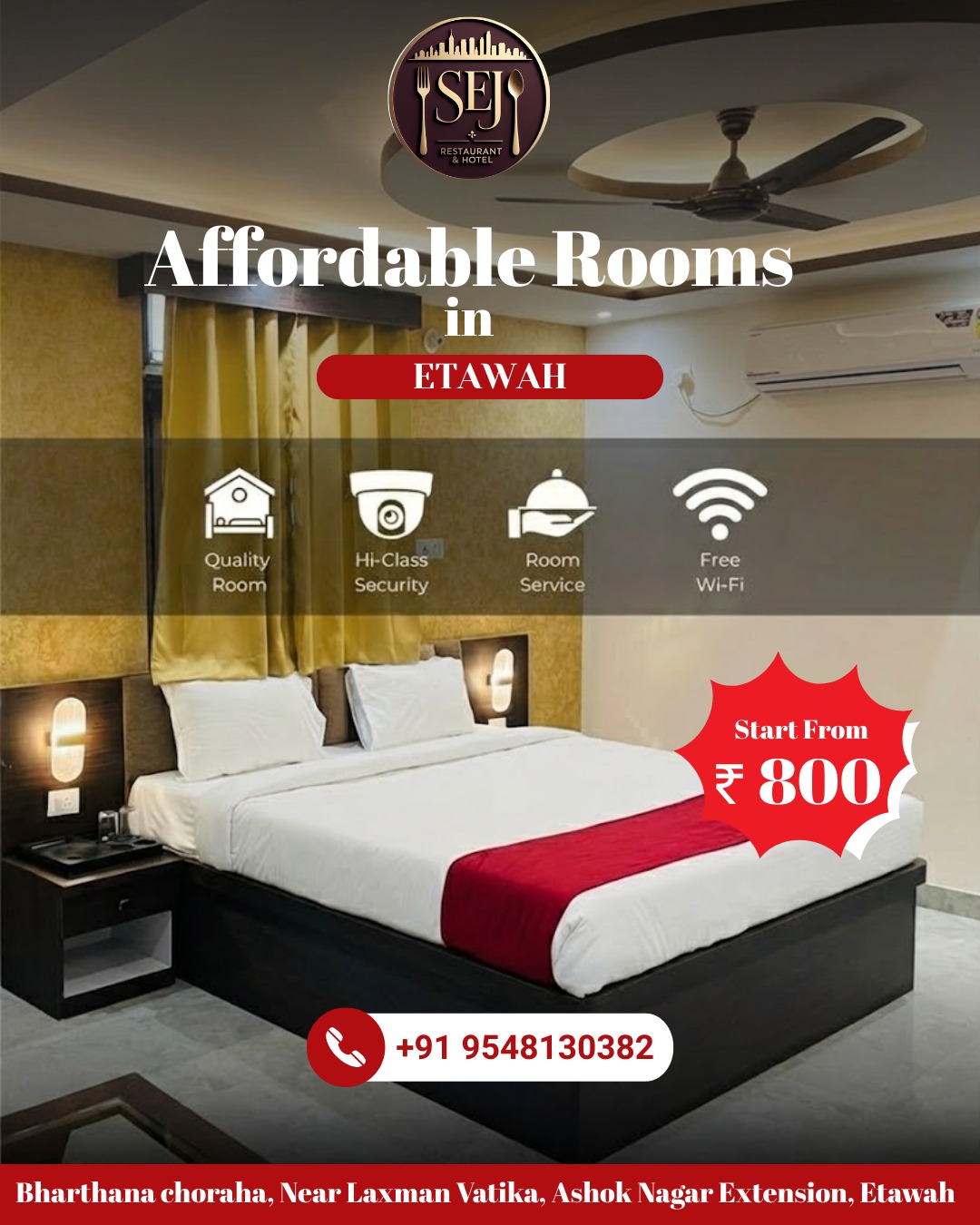 The Sej Restaurant & Hotel Facebook ad: Affordable Rooms in Etawah
