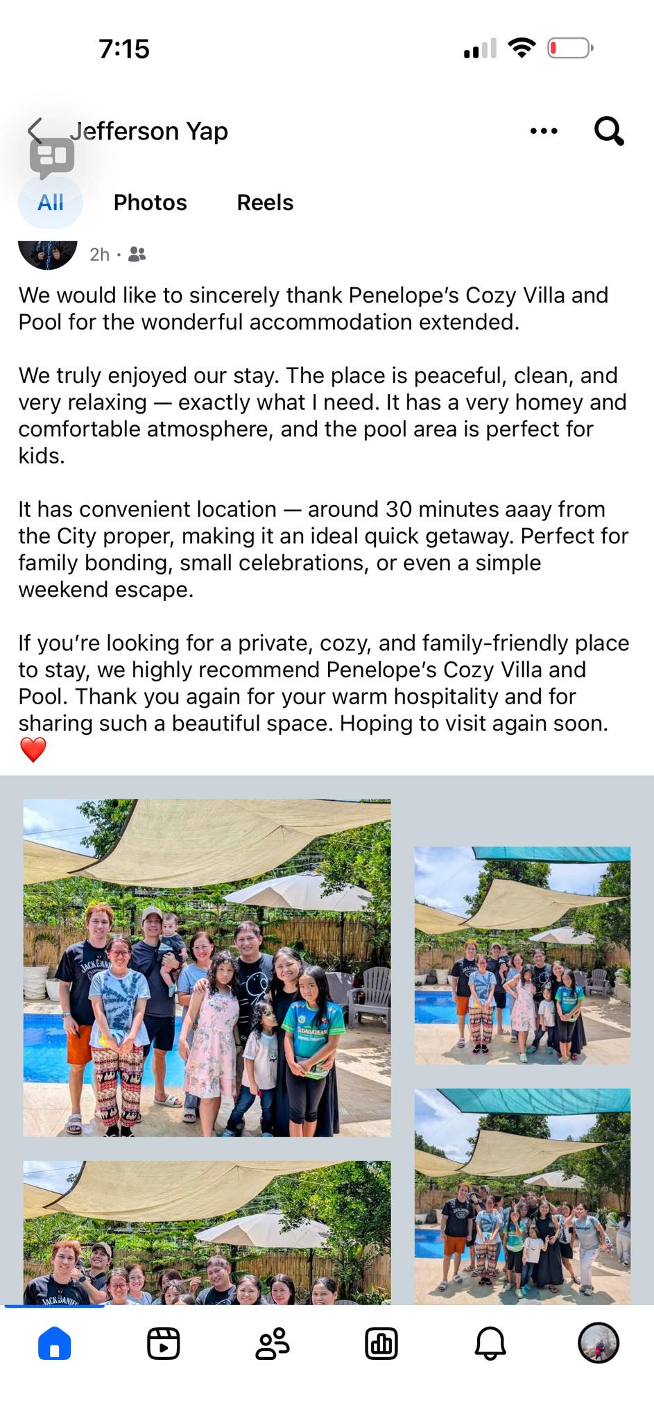 Penelope’s Cozy Villa & Pool Facebook ad: Thank you so much po Atty.