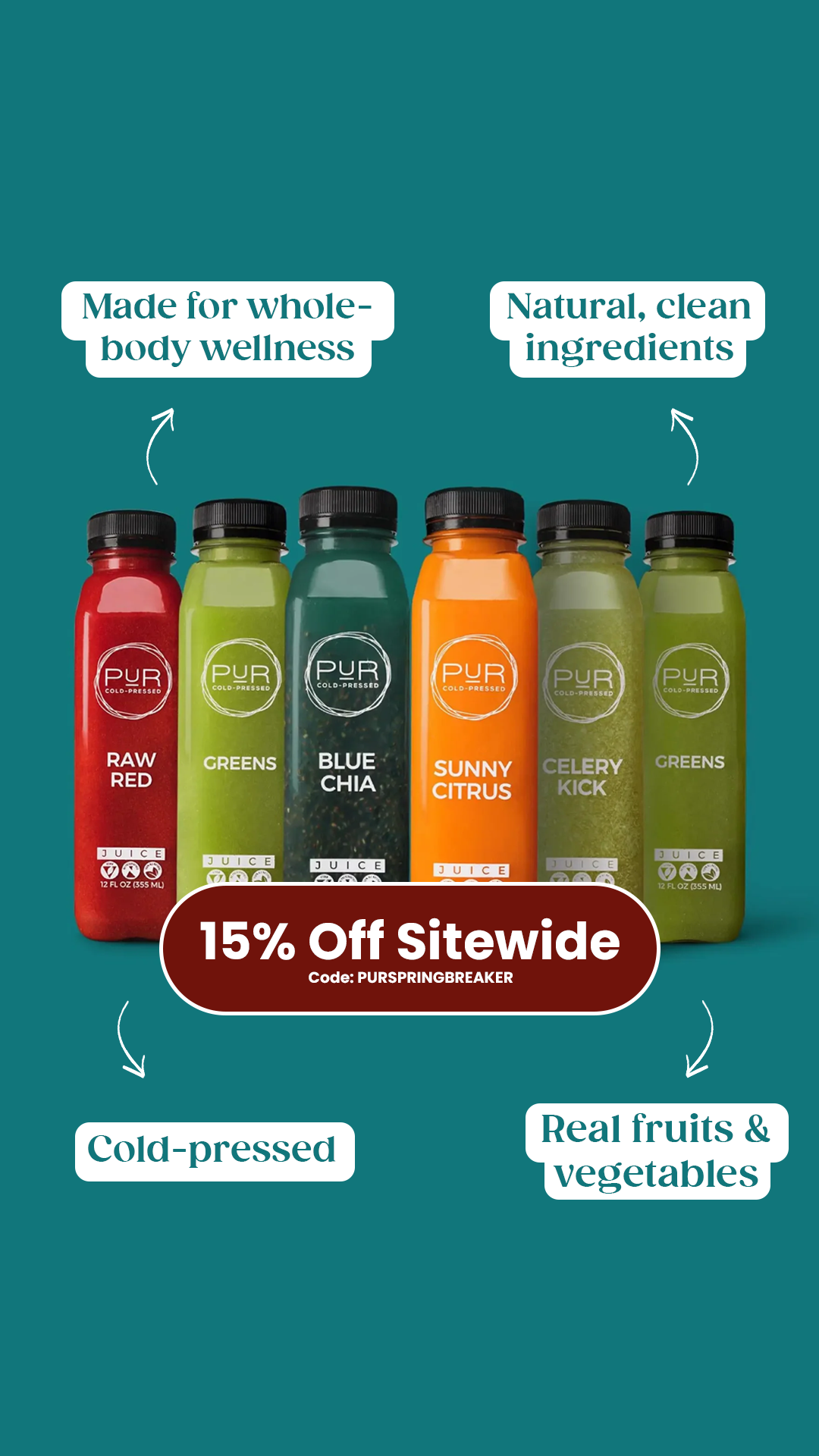 PUR Cold Pressed Juice All Natural Vegan Delicious Facebook ad