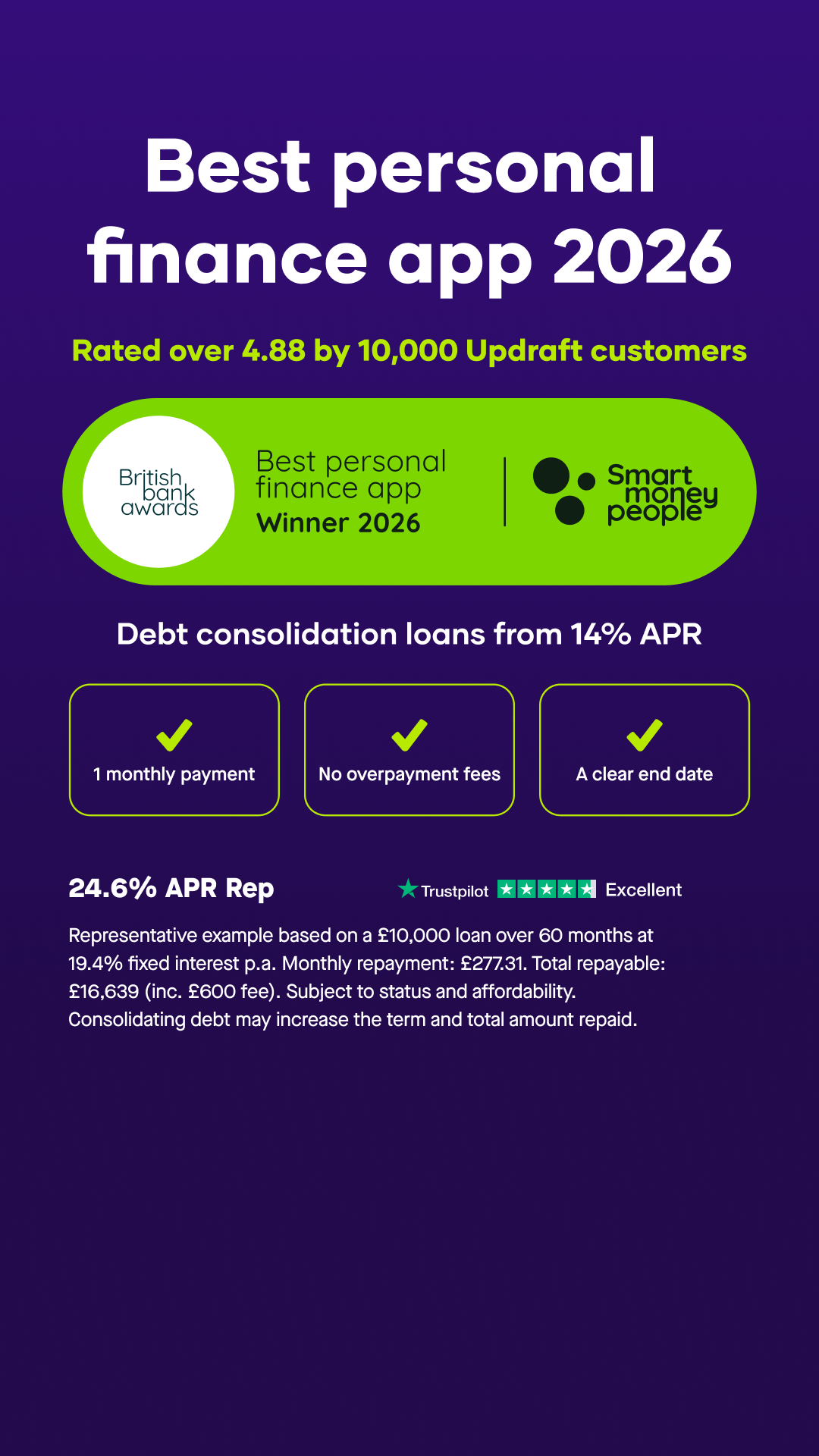 Updraft Facebook ad: Apply in less than a minute