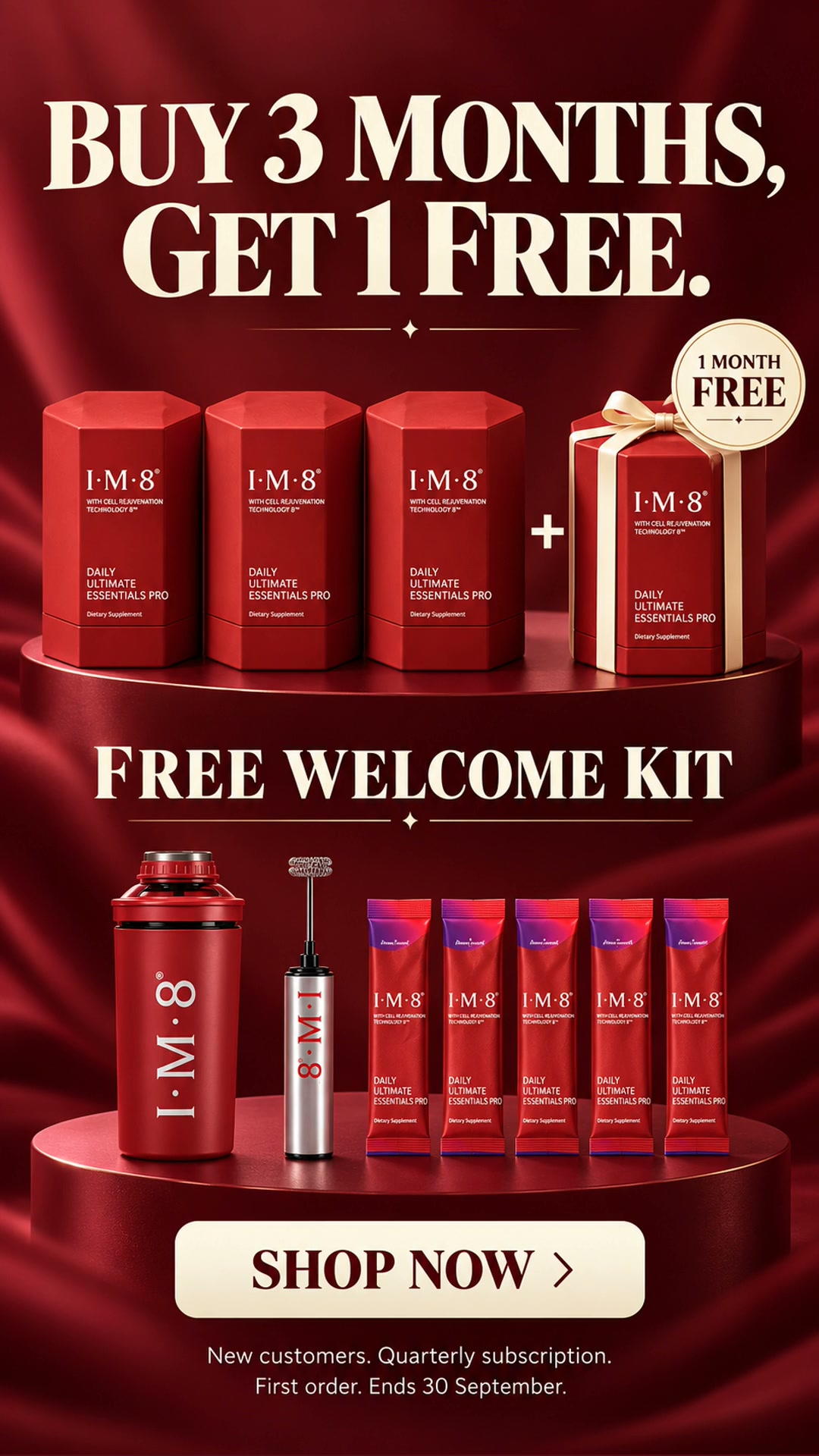 IM8 Facebook ad: Buy 3 months. Get 1 month free.