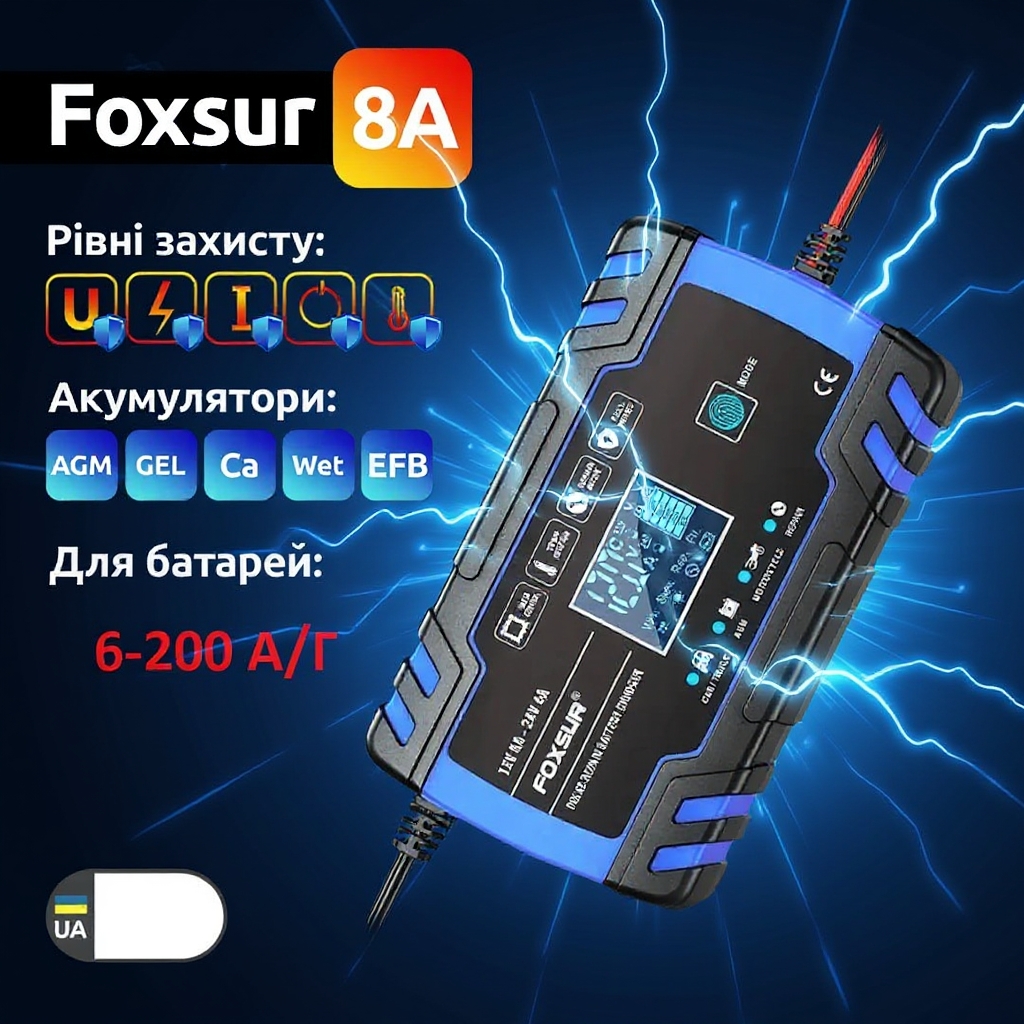 Car accessories Facebook ad: Зарядний пристрій 12/24v 8А. 6-200Ah