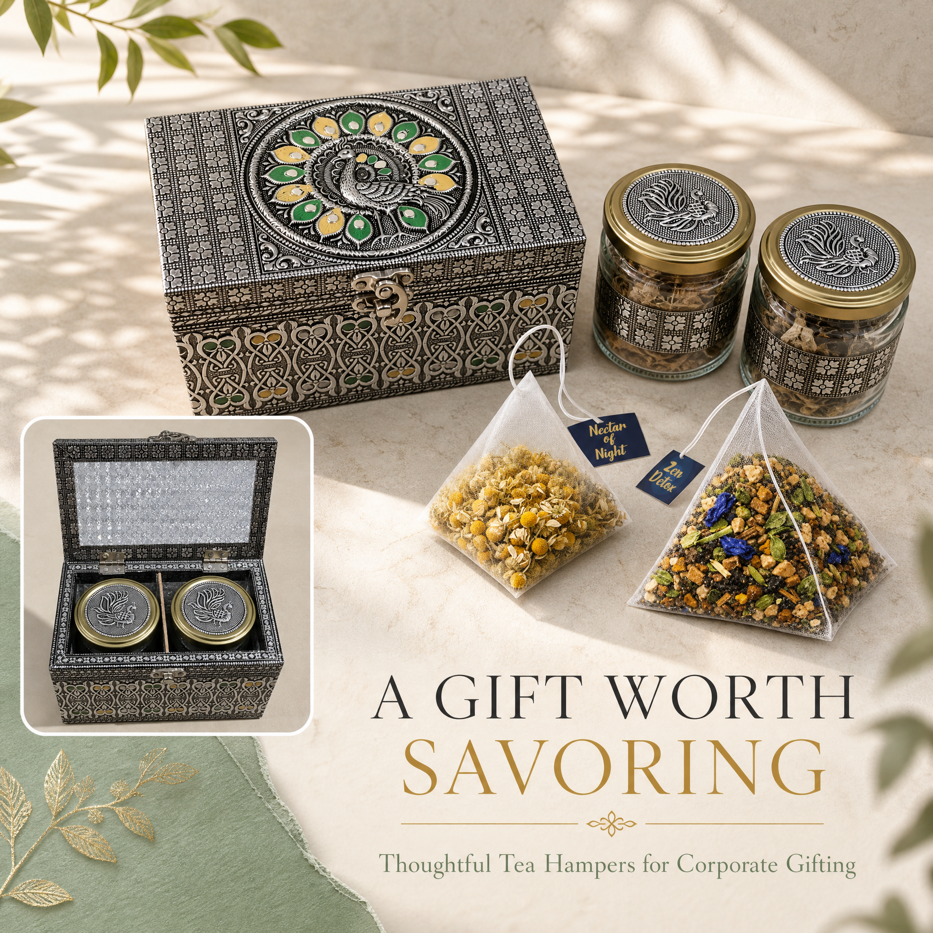 The Green Ritual Facebook ad: Premium Tea Hampers for Gifting