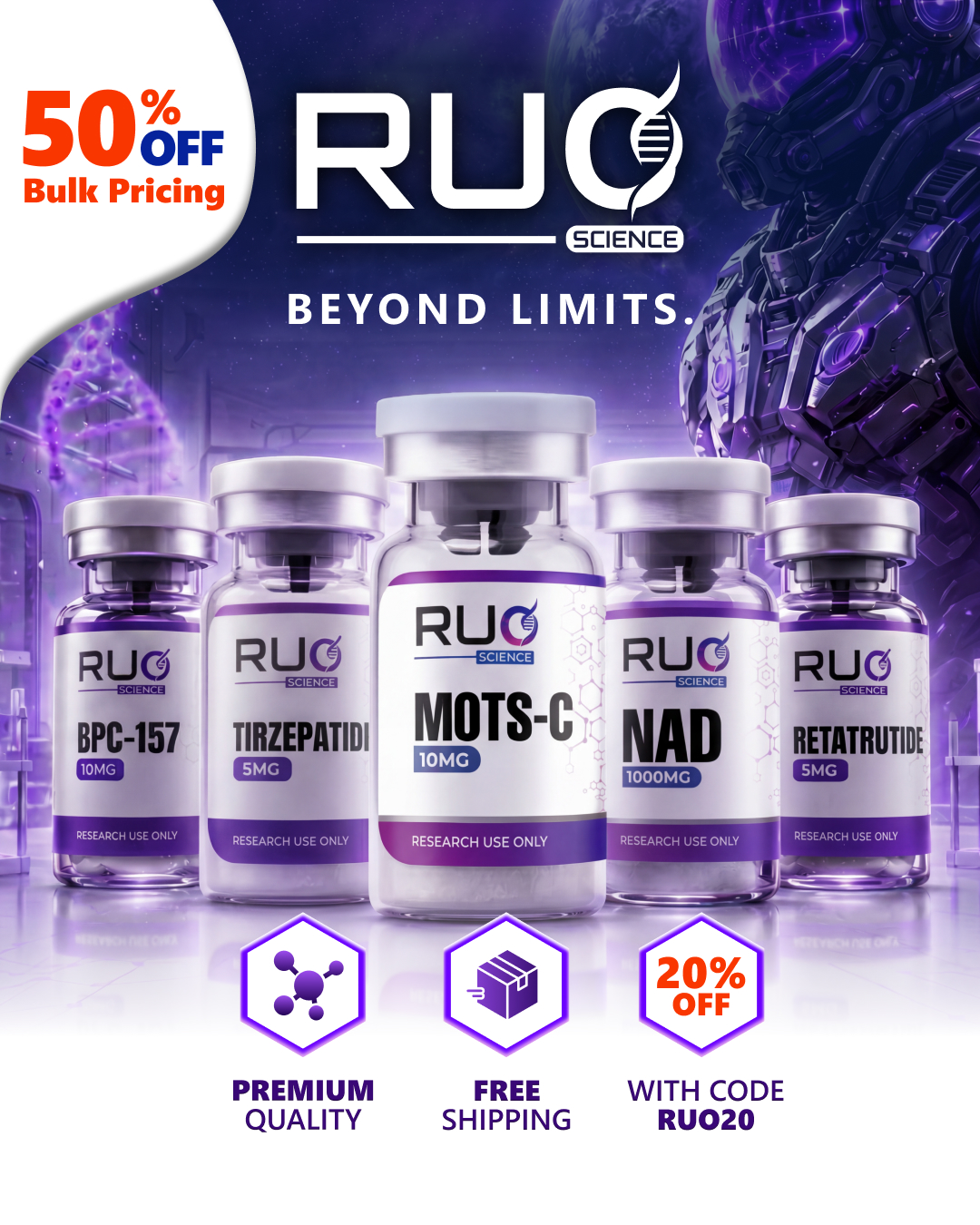 RUO science Facebook ad: 50% OFF Bulk Purchases!