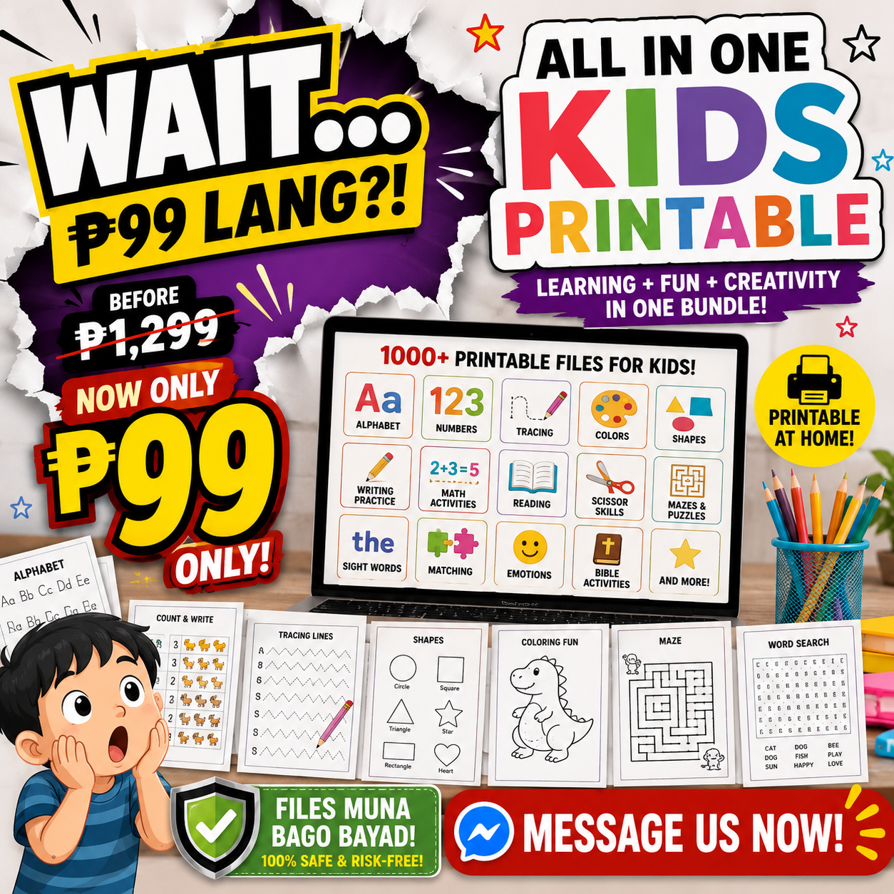All In One Kids Printable Learning Bundle Facebook ad: Wait… ₱99 Lang?!