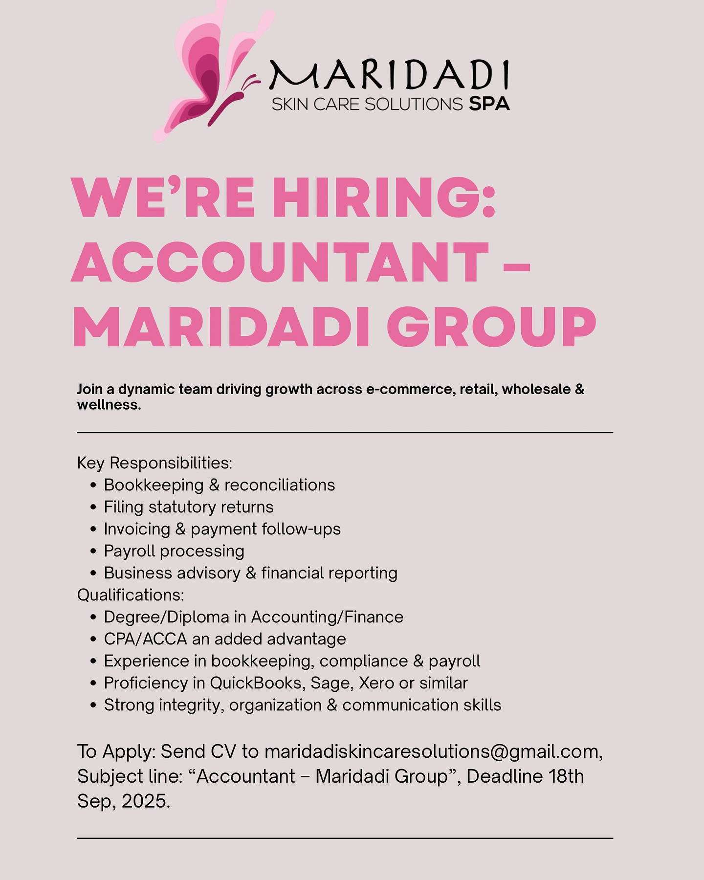 Maridadi Beauty Hub Facebook ad: We’re Hiring: Accountant, Maridadi Group