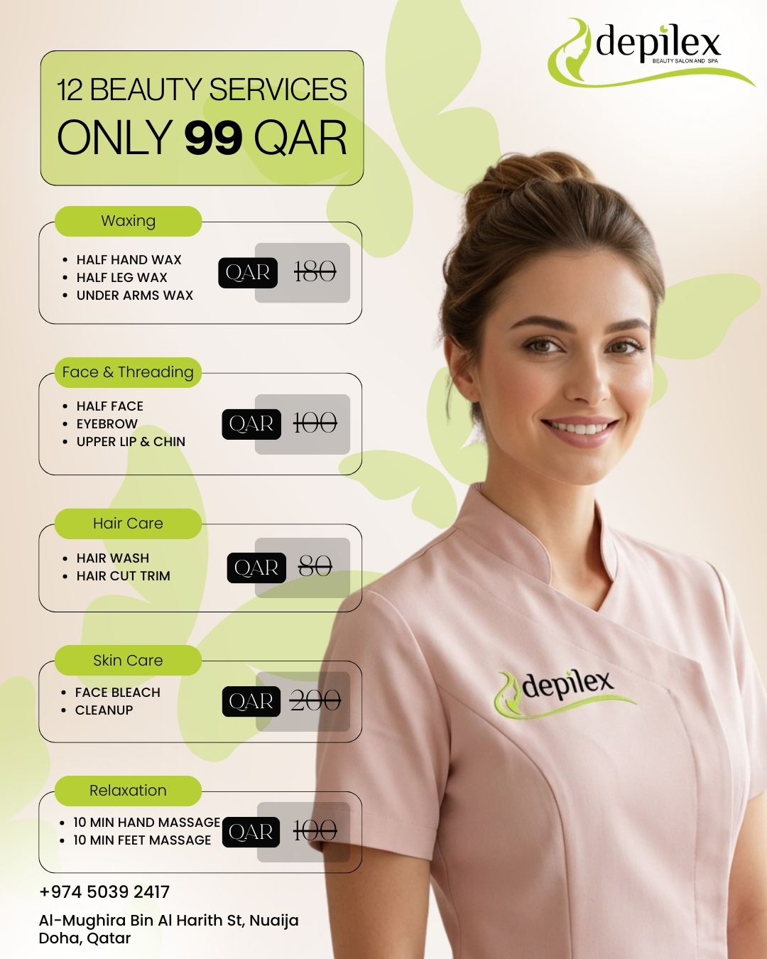 Depilex Beauty Salon & Spa Facebook ad: 12 Beauty Services, Only 99 QAR