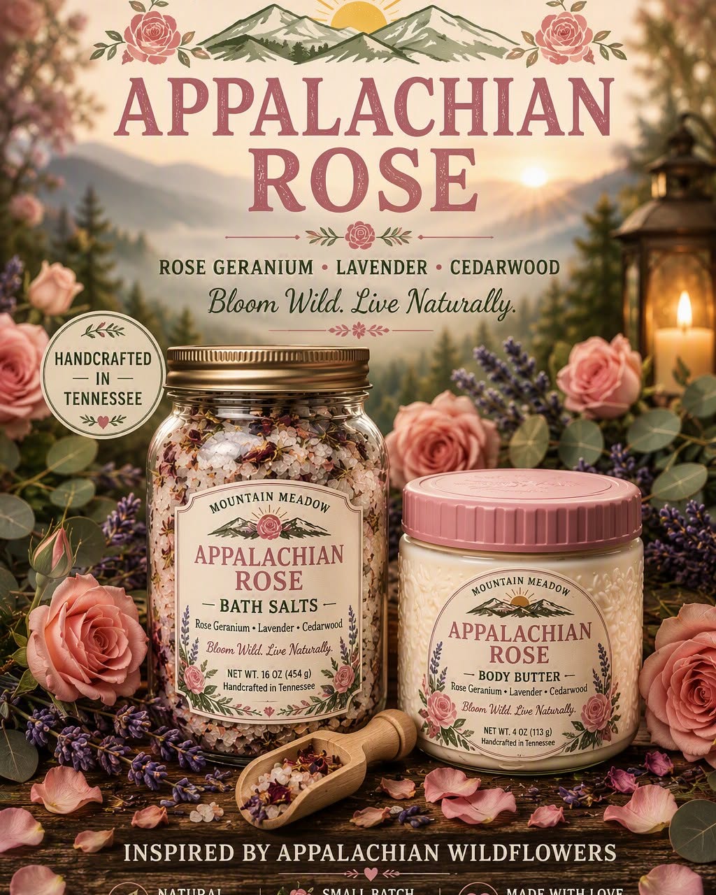 Kelly Hockersmith Facebook ad: Mountain Meadow Appalachian Rose Body Butter and Bath…