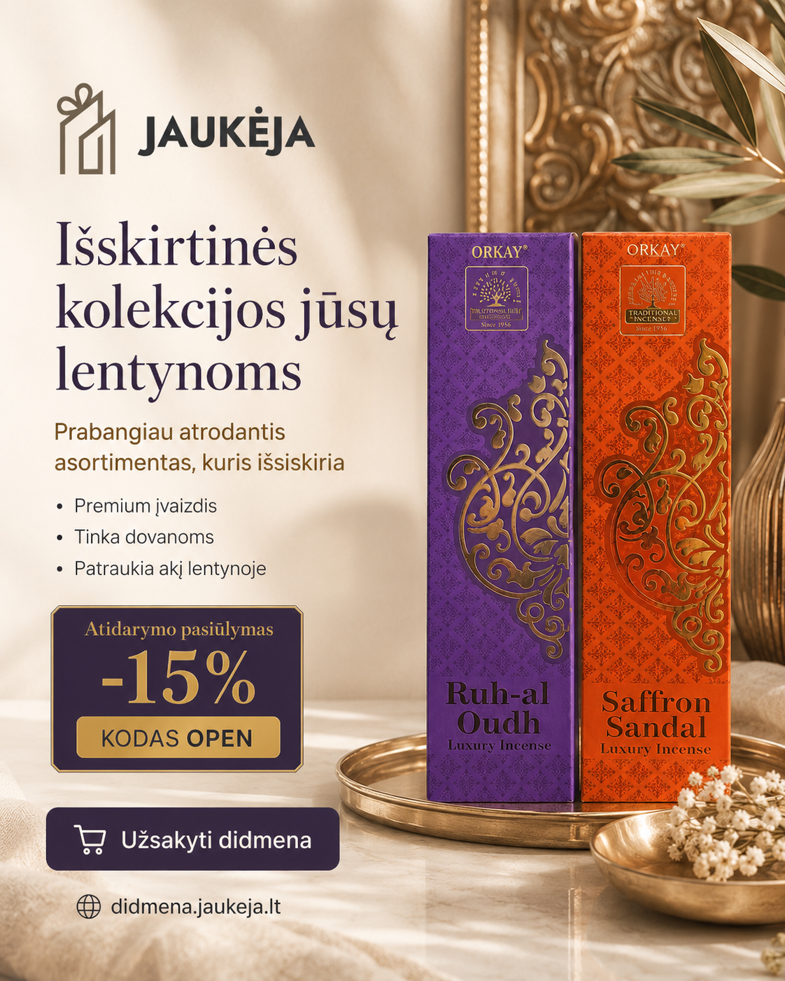 Jaukeja.lt Facebook ad: Išskirtinės smilkalų kolekcijos jūsų lentynoms.