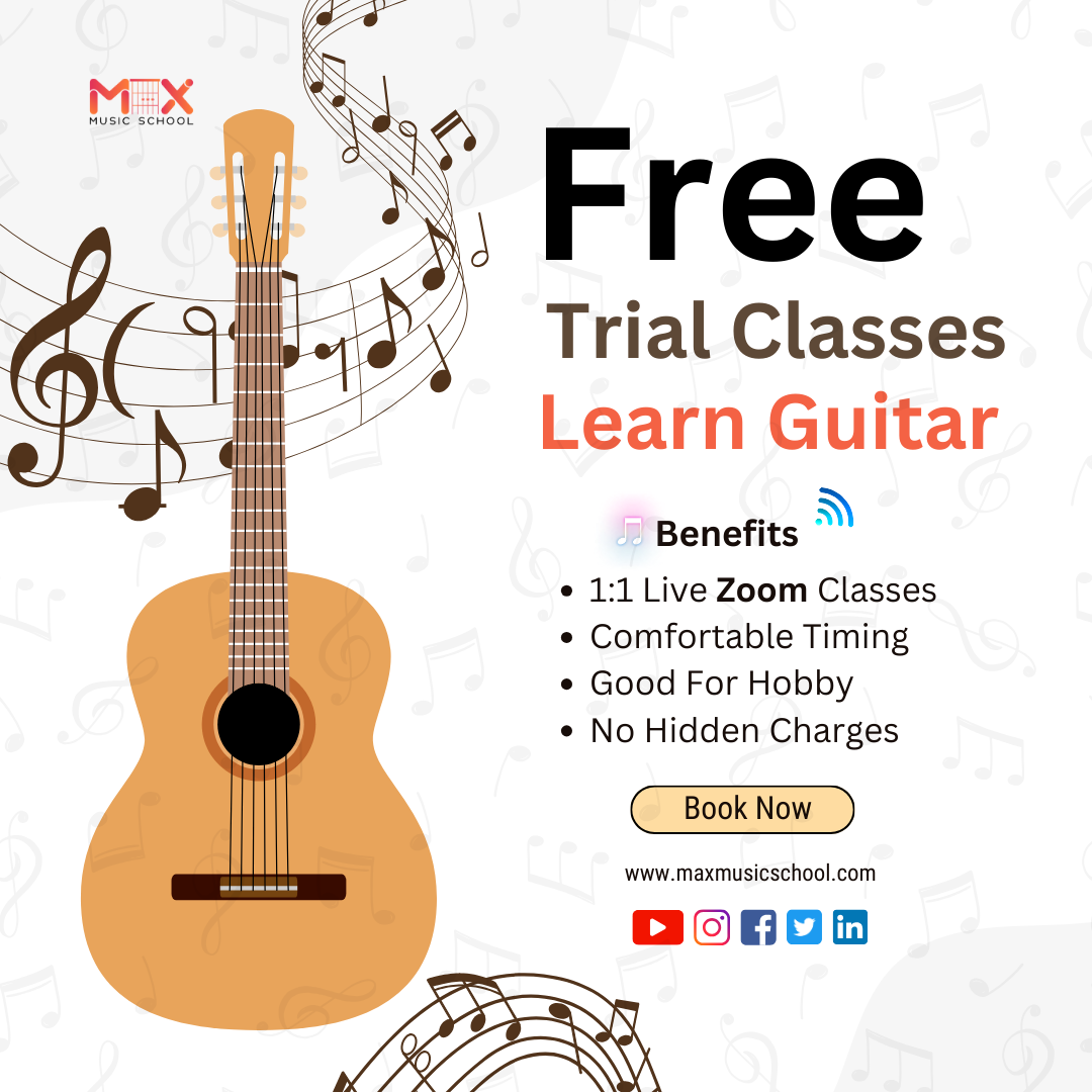 Max Music school Facebook ad: FREE Guitar Trial Classes Online, Learn Guitar Live with…