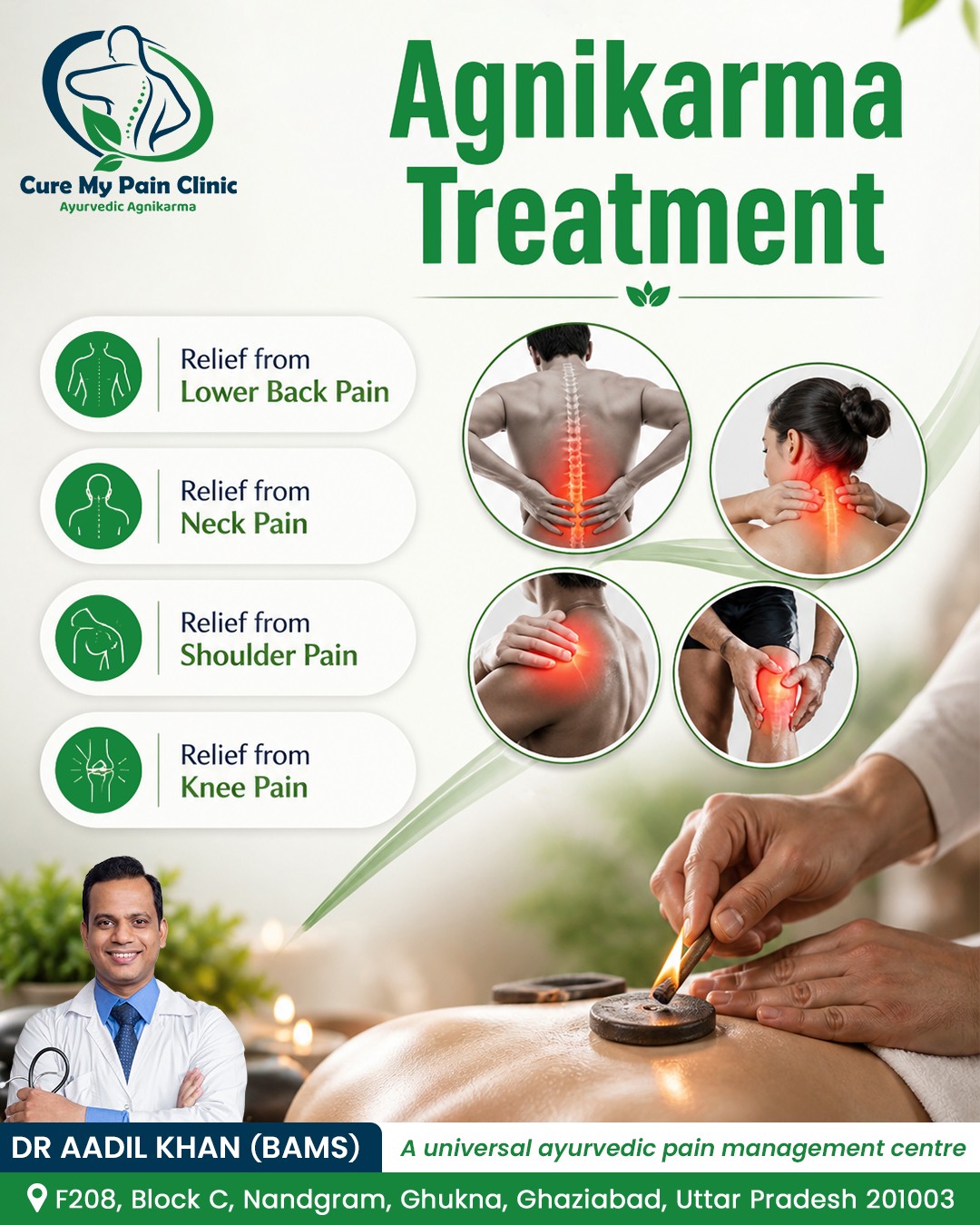 Cure My Pain Clinic Facebook ad: One Treatment. Multiple Pains.