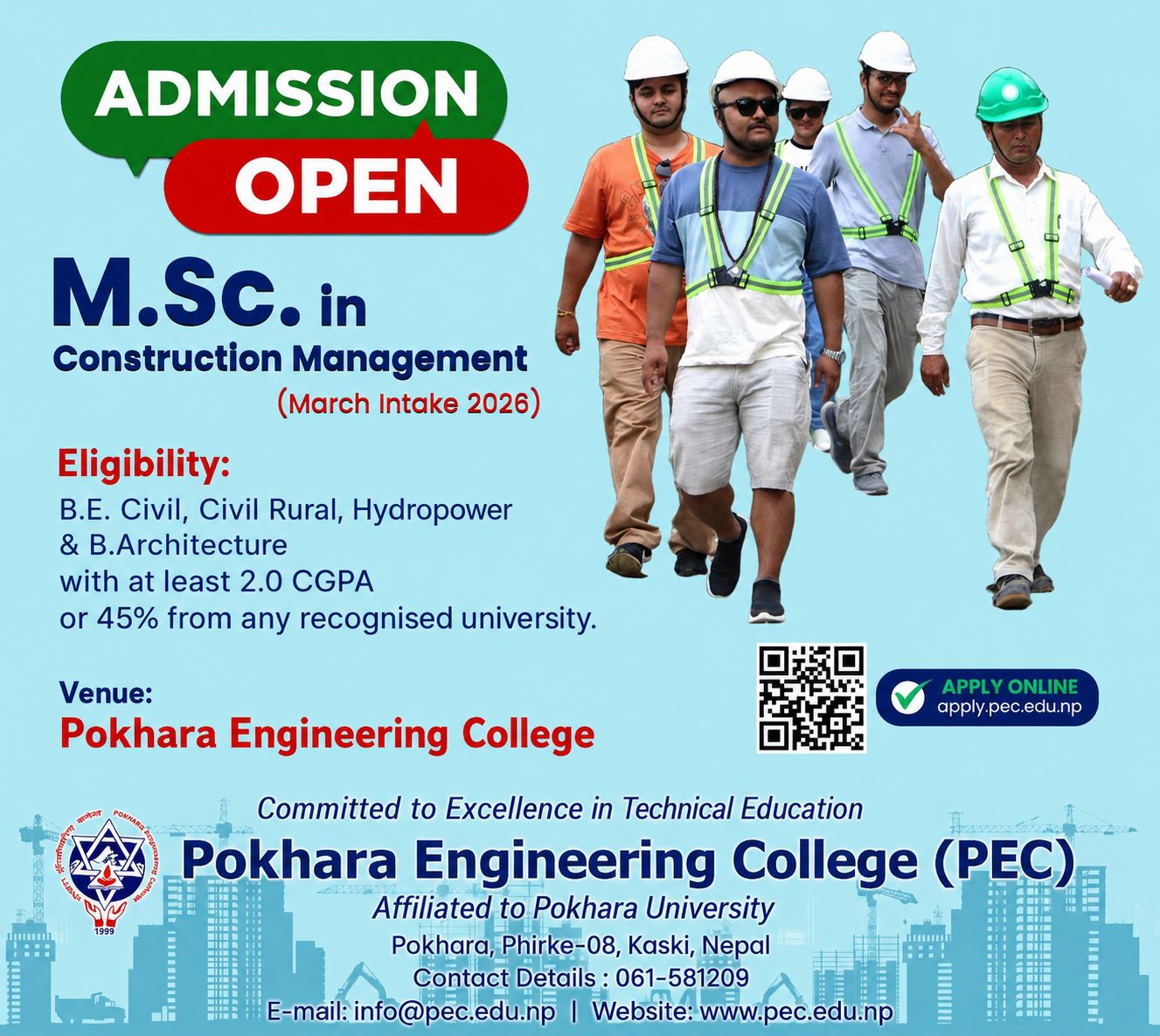 Pokhara Engineering College Facebook ad: ADMISSION OPEN for M.Sc in Construction Management 2026…