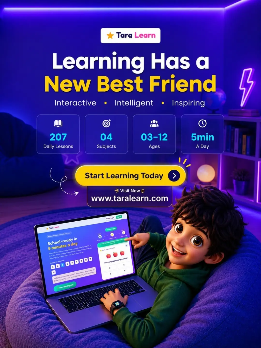 TaraLearn Facebook ad: School-ready in 5 minutes a day · Tara Learn