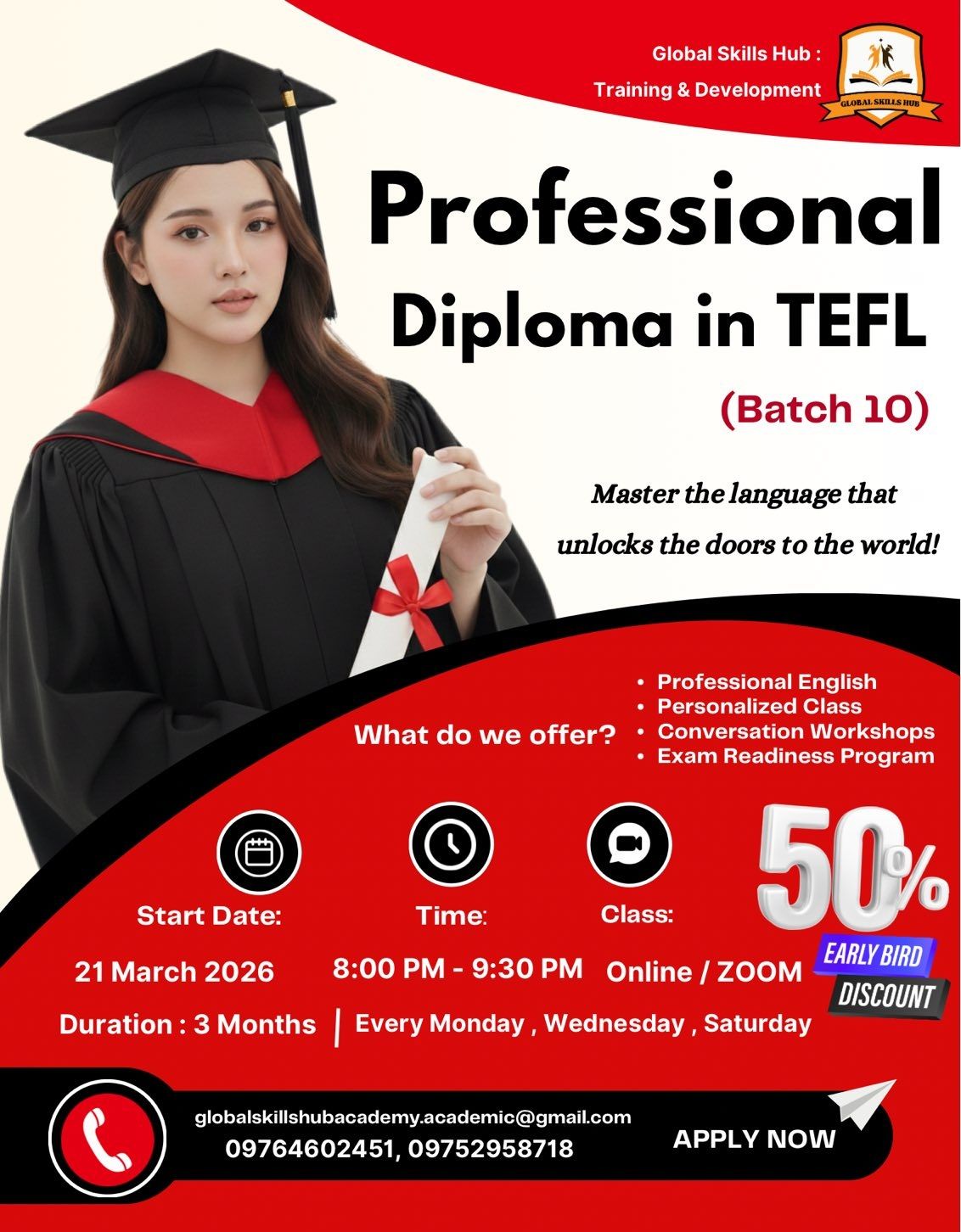 Global Skills Hub - Training & Development Facebook ad: အင်္ဂလိပ်စာဆရာ/ဆရာမတစ်ယောက်အဖြစ် international…